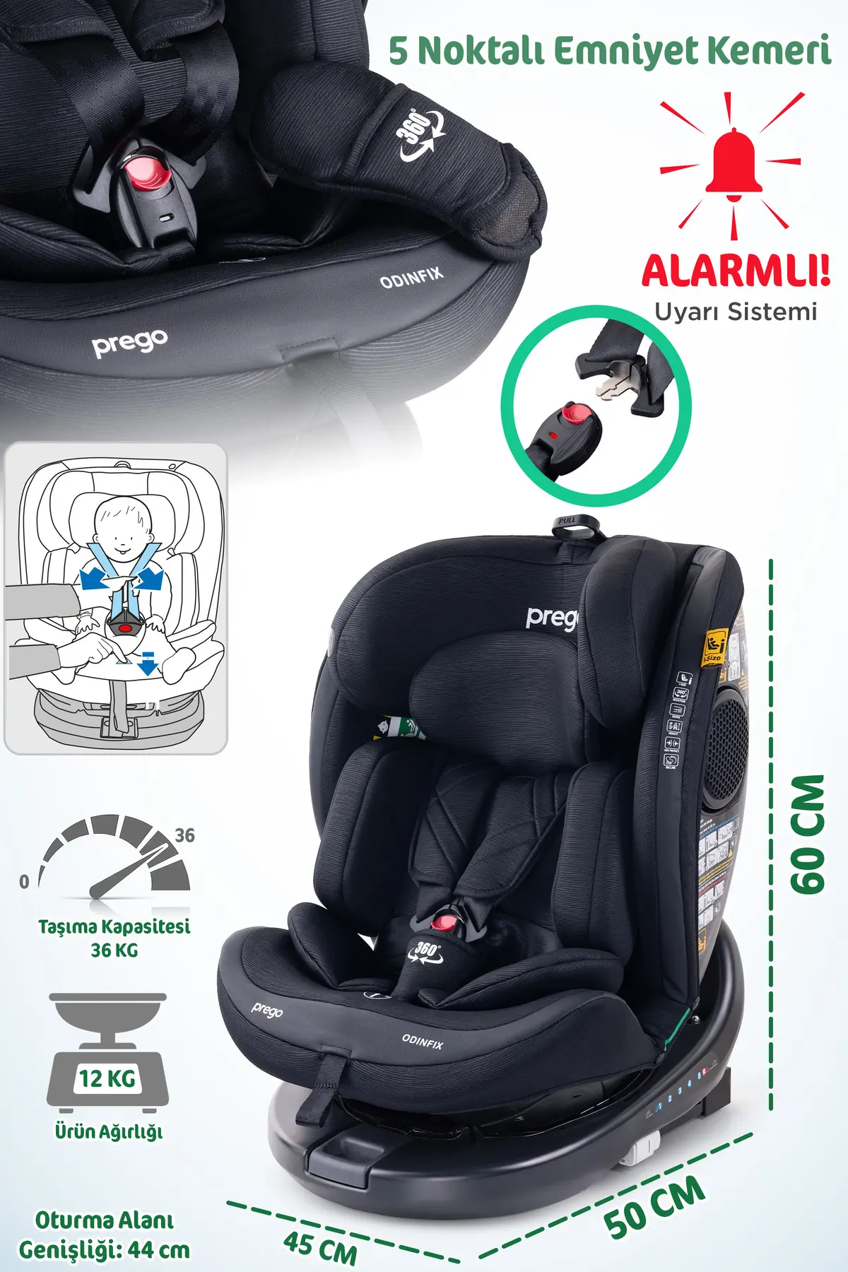 Prego Odinfix Alarmlı 360 Derece Dönebilen -0-36 Kg -İ-Size Belgeli - Top Tetherlı Oto Koltuğu