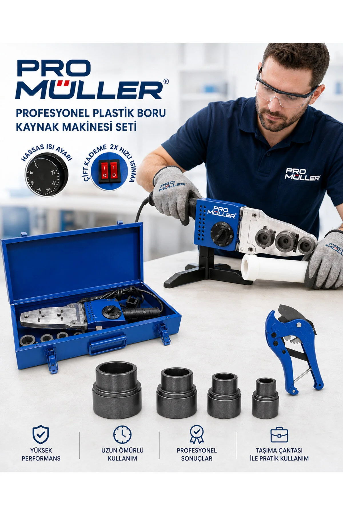 Pro Müller Alman 2 rezistanslı Isı Ayarlı Pprc Plastik Boru Kaynak Makinesi Metal Çantalı Set+Özel Makas