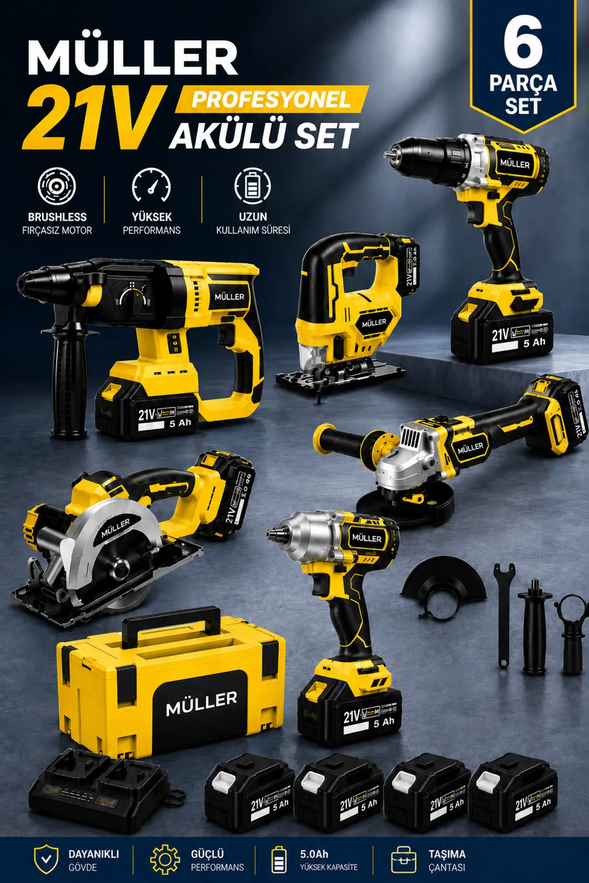 Pro Müller Alman Kömürsüz Motor 6'lı Profesyonel Set Kırıcı Delici Somun Sıkma Taşlama Makinesi Matkap Dekupaj Sunta Kesme
