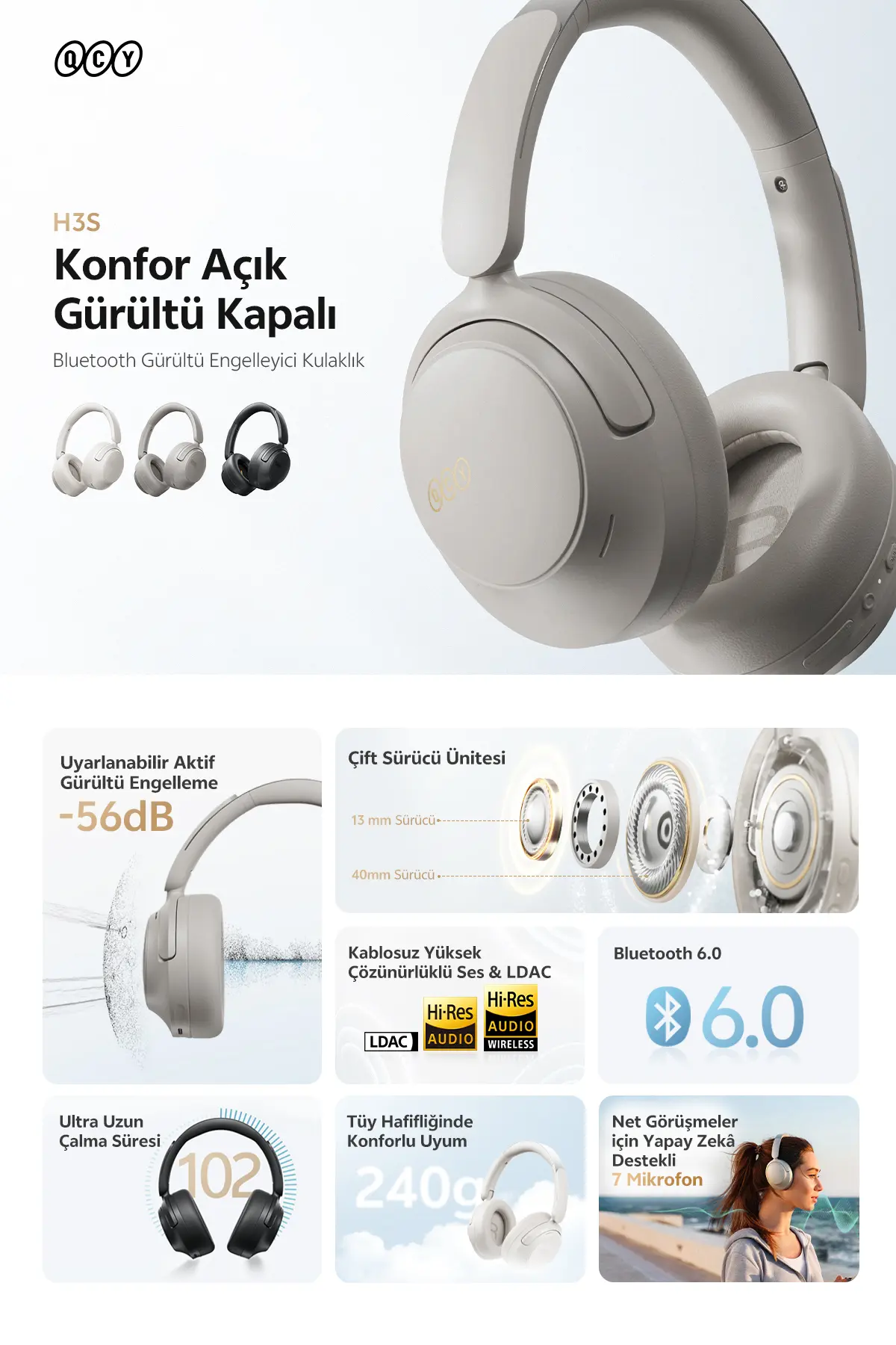 Qcy H3S 6.0 Bluetooth Kulaklık Anc Hi-res Ldac Çift Sürücülü Kulaklık 7 Mics. Yapay Zeka 102 Saat Dinle
