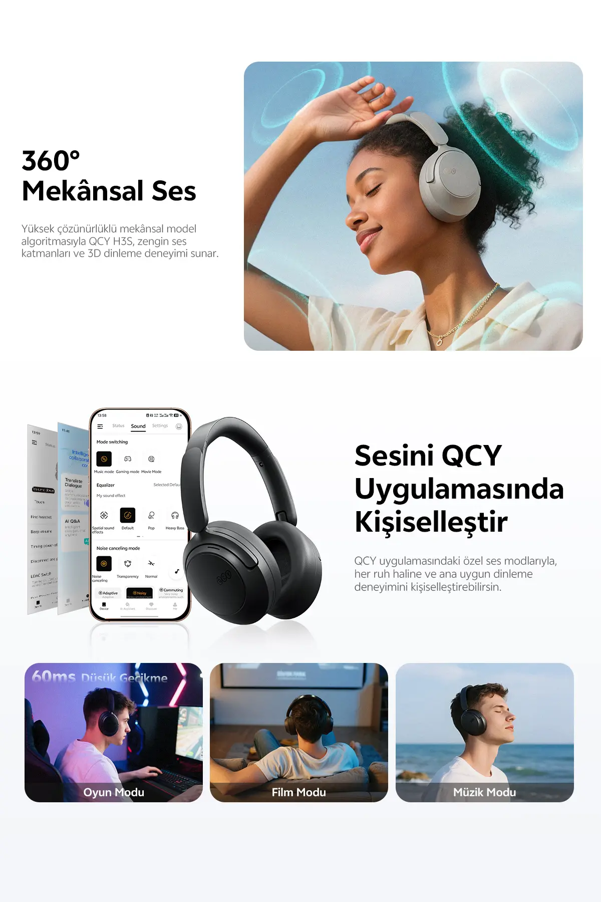 Qcy H3S 6.0 Bluetooth Kulaklık Anc Hi-res Ldac Çift Sürücülü Kulaklık 7 Mics. Yapay Zeka 102 Saat Dinle