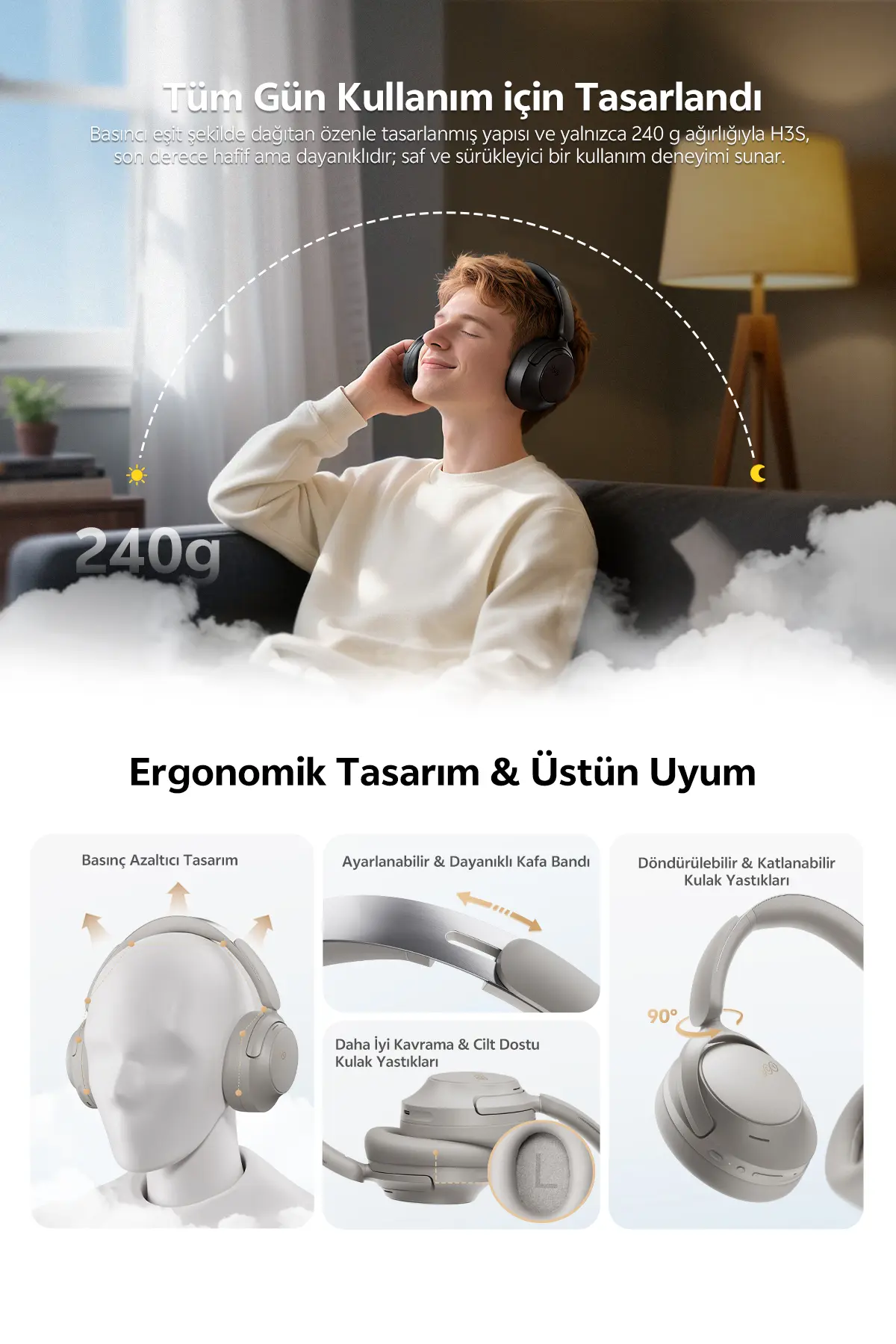Qcy H3S 6.0 Bluetooth Kulaklık Anc Hi-res Ldac Çift Sürücülü Kulaklık 7 Mics. Yapay Zeka 102 Saat Dinle