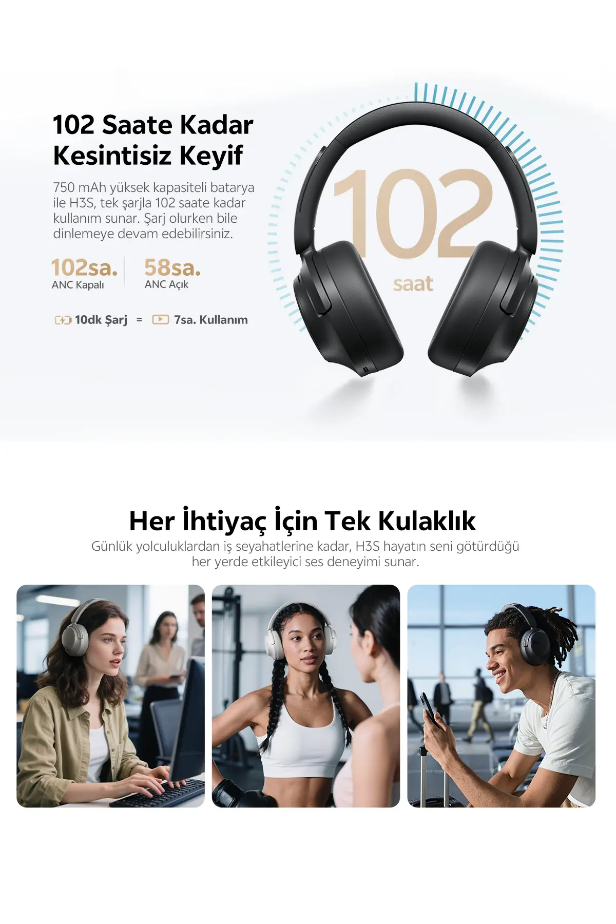 Qcy H3S 6.0 Bluetooth Kulaklık Anc Hi-res Ldac Çift Sürücülü Kulaklık 7 Mics. Yapay Zeka 102 Saat Dinle