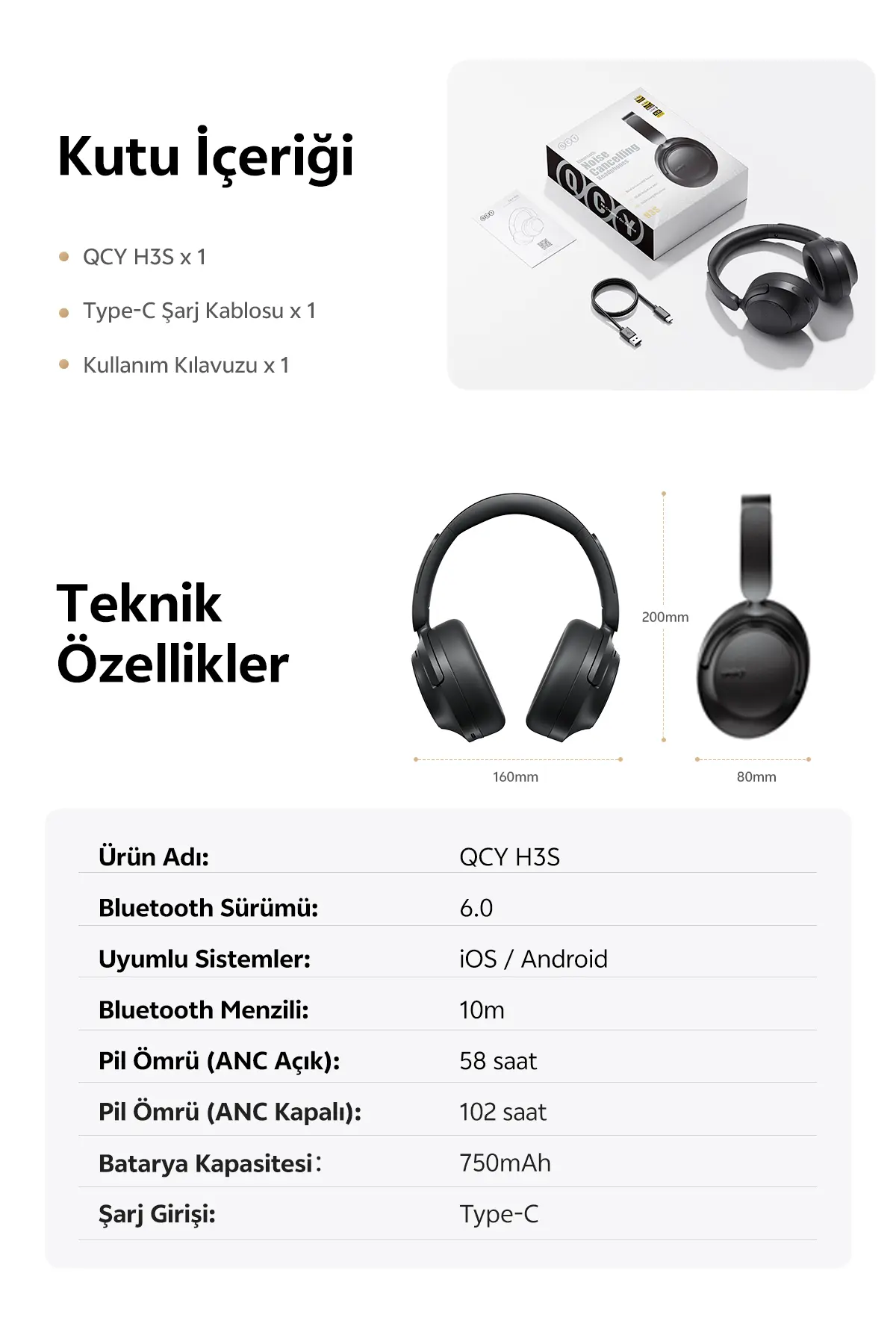 Qcy H3S 6.0 Bluetooth Kulaklık Anc Hi-res Ldac Çift Sürücülü Kulaklık 7 Mics. Yapay Zeka 102 Saat Dinle