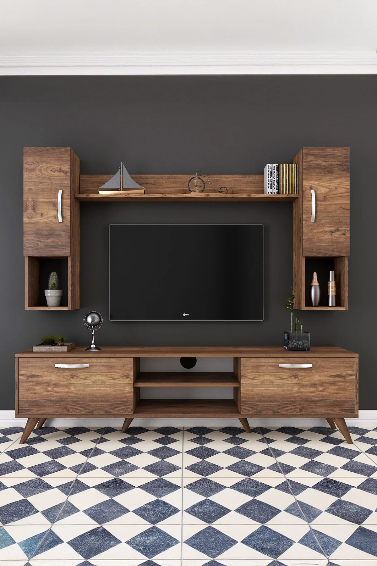 Rani Mobilya Rani A9 Raflı Tv Ünitesi Tv Sehpası Duvara Monte Raflı Modern Ayaklı 180 Cm Minyatür Ceviz M27