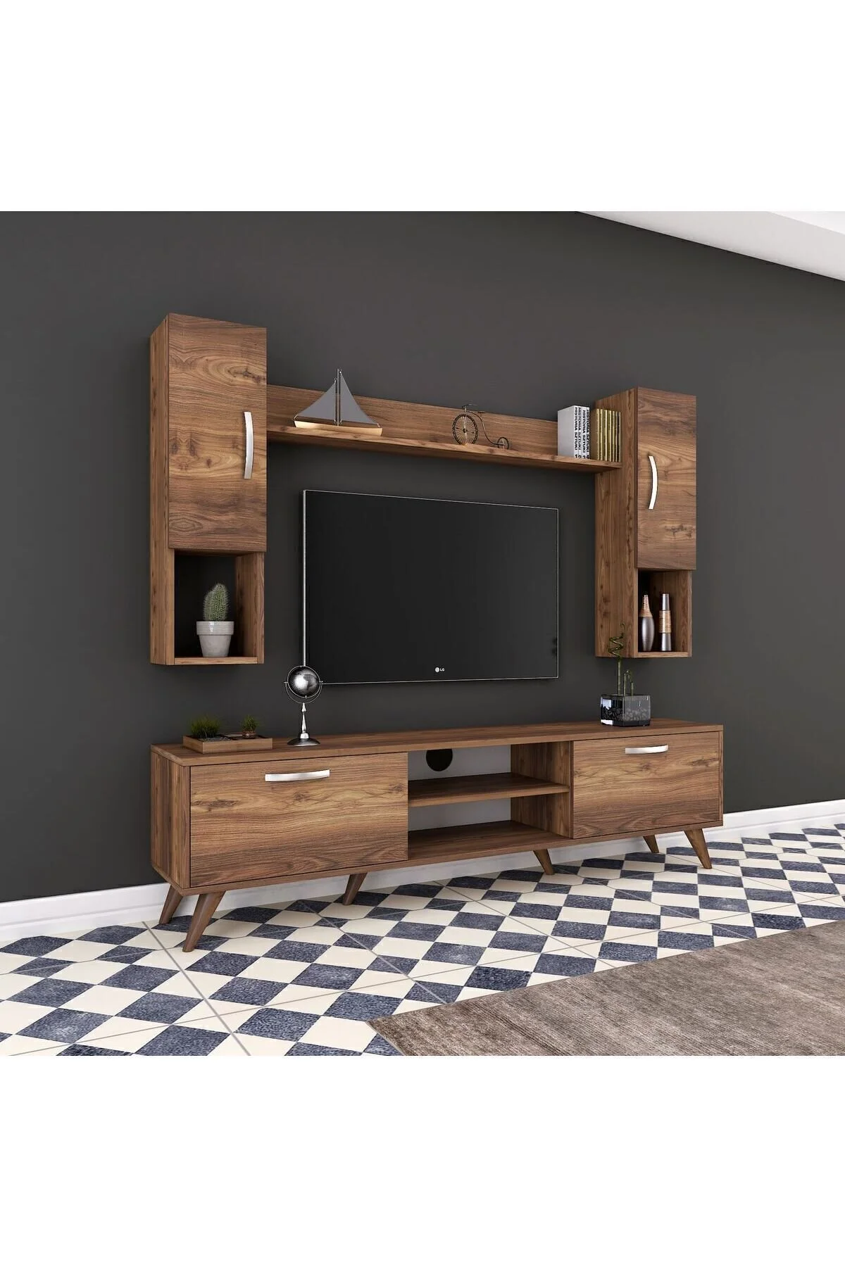 Rani Mobilya Rani A9 Raflı Tv Ünitesi Tv Sehpası Duvara Monte Raflı Modern Ayaklı 180 Cm Minyatür Ceviz M27