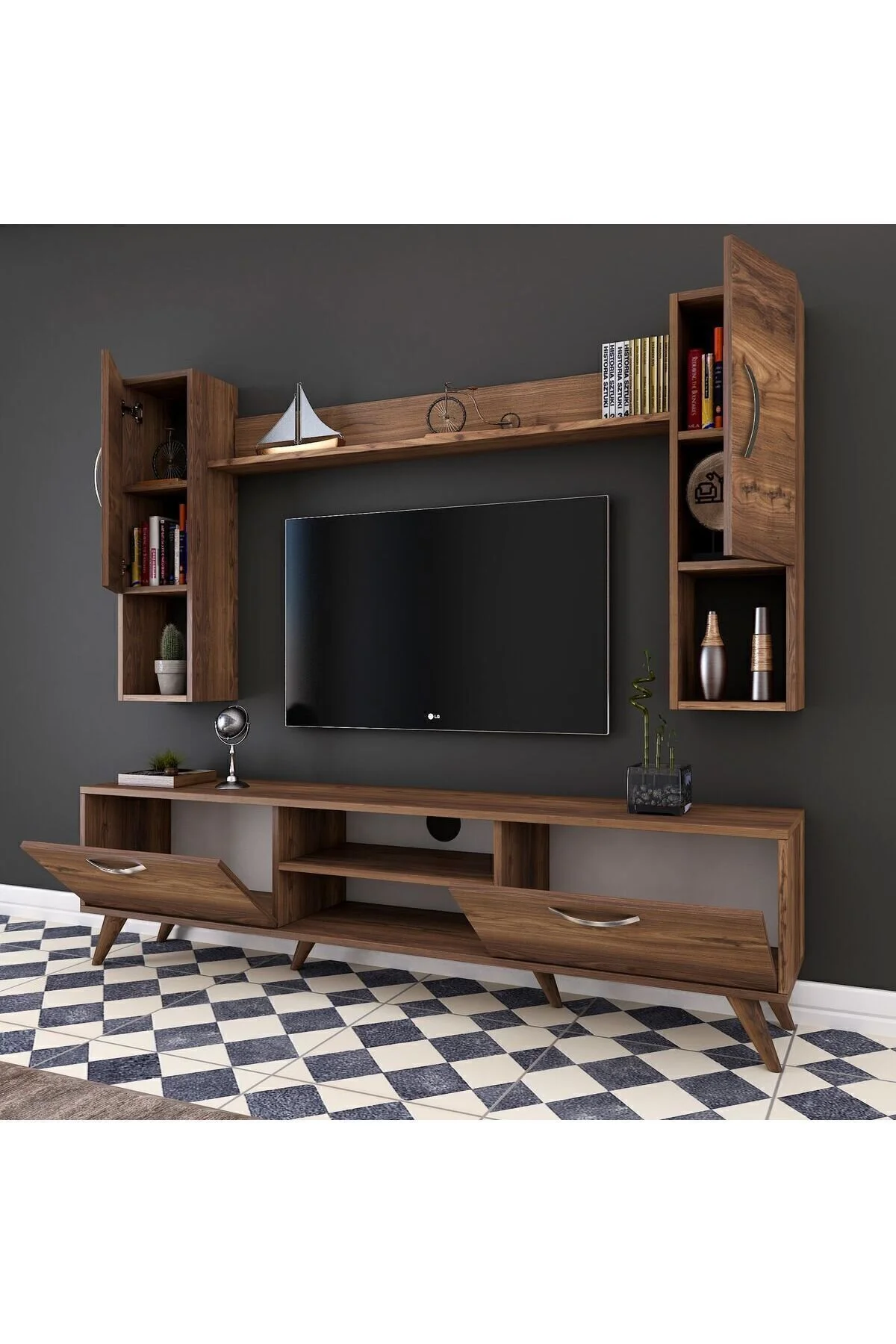 Rani Mobilya Rani A9 Raflı Tv Ünitesi Tv Sehpası Duvara Monte Raflı Modern Ayaklı 180 Cm Minyatür Ceviz M27