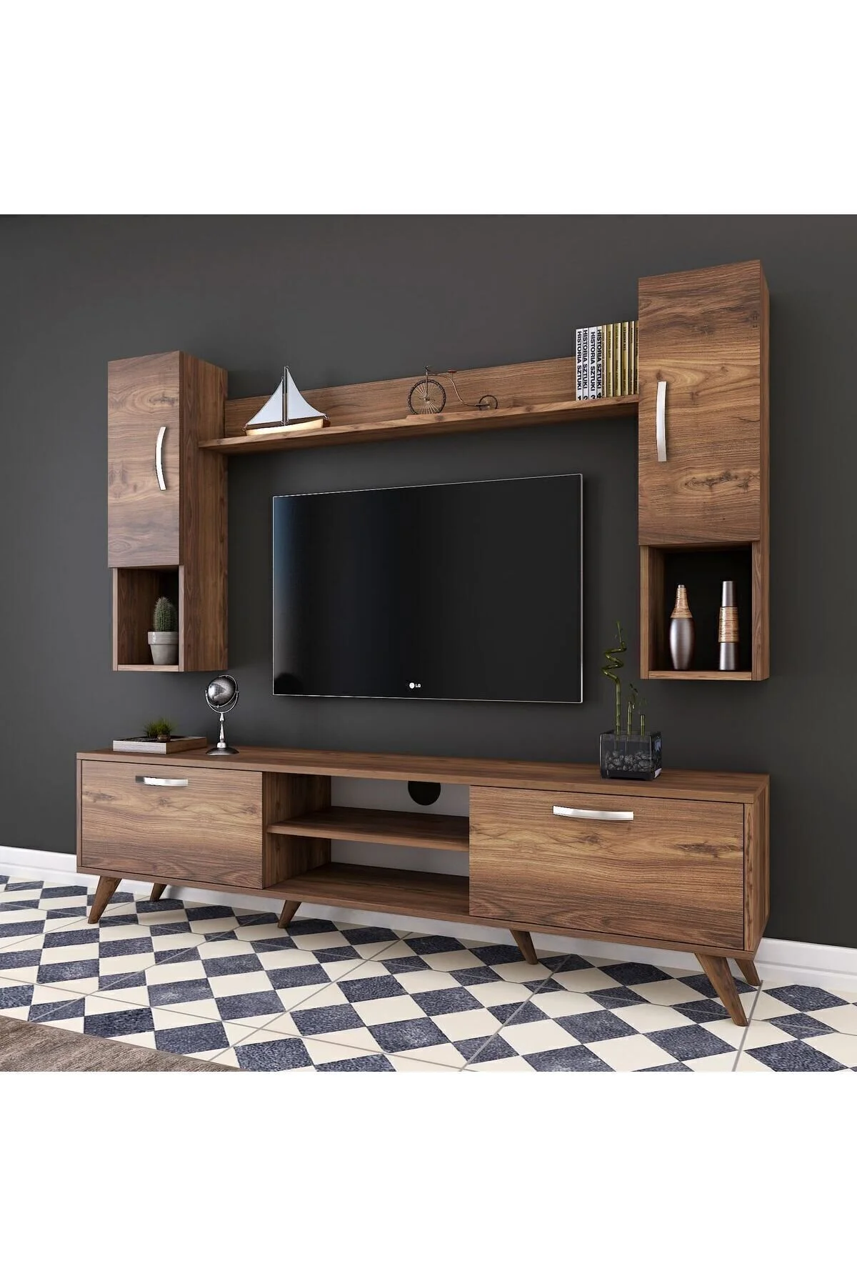 Rani Mobilya Rani A9 Raflı Tv Ünitesi Tv Sehpası Duvara Monte Raflı Modern Ayaklı 180 Cm Minyatür Ceviz M27