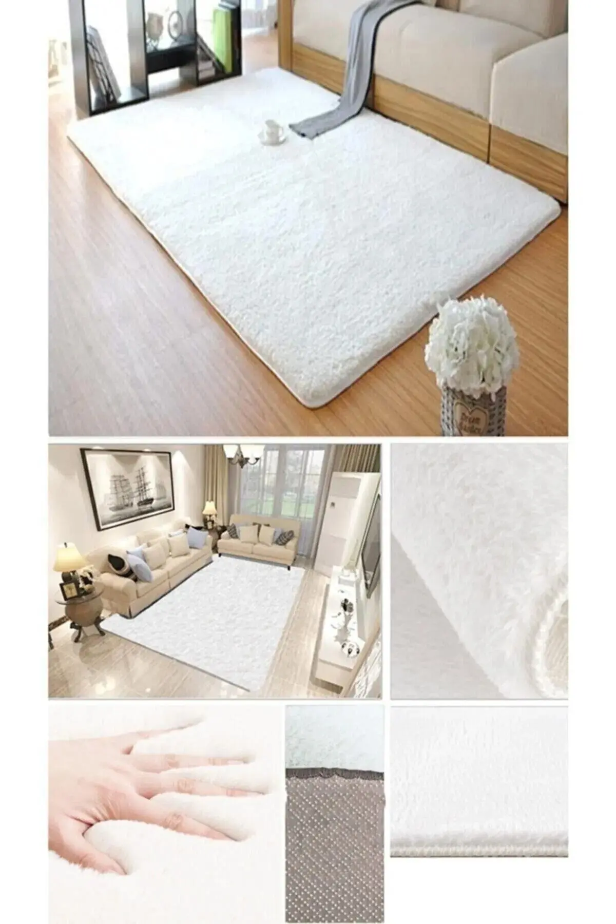Raschel Carpet Kesme Yolluk Kaymaz Taban Yumuşak Peluş Halı Beyaz