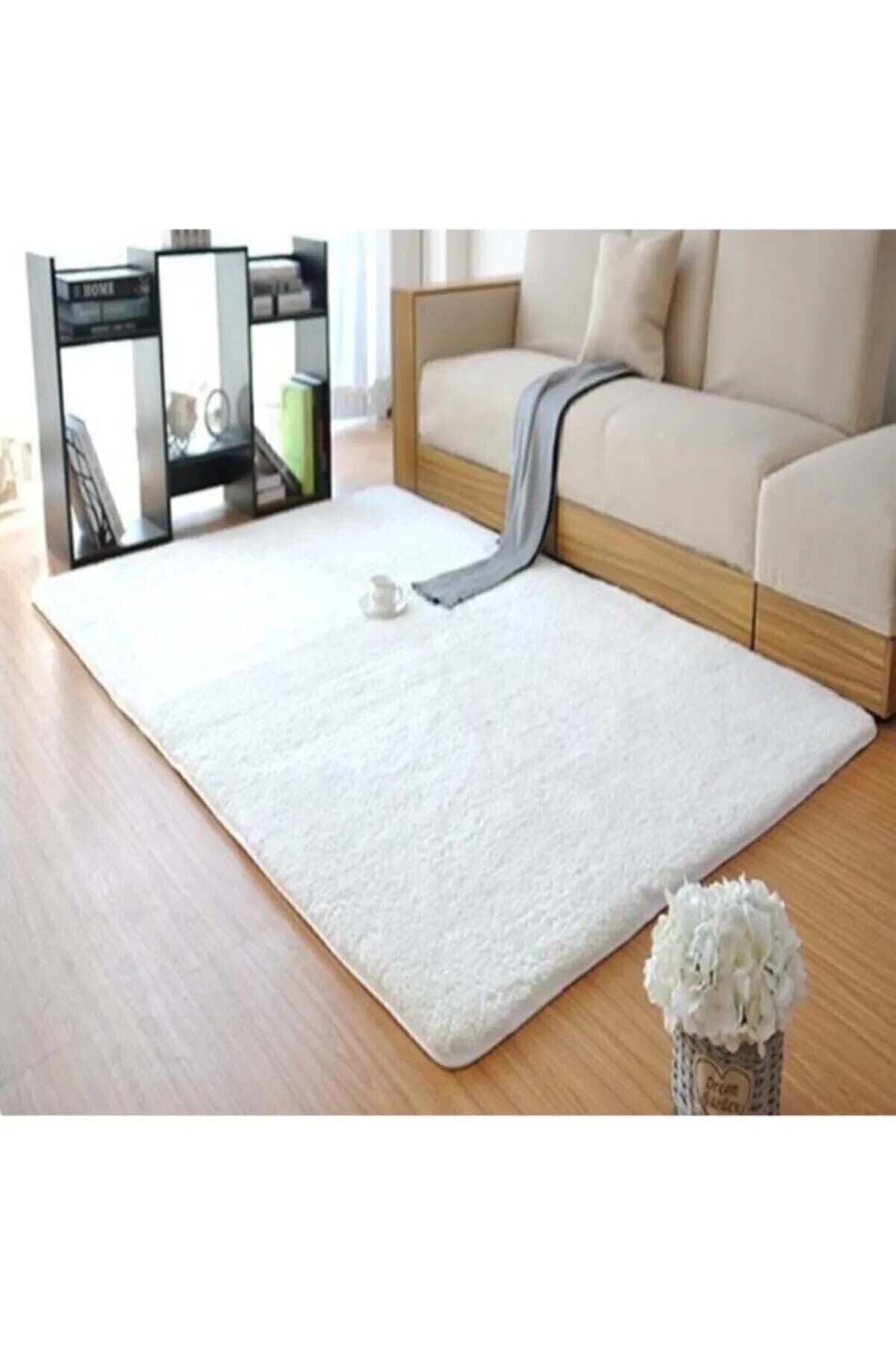 Raschel Carpet Kesme Yolluk Kaymaz Taban Yumuşak Peluş Halı Beyaz