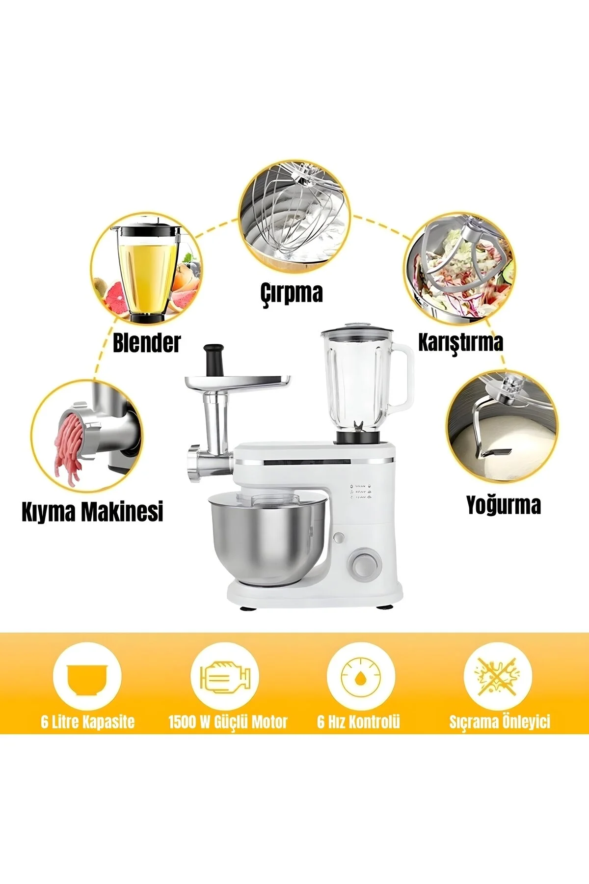 RİOMİ 3in1 6LT Kıyma Makinesi, Cam Smoothie Hazne Hamur Yoğurma Püre, Karıştırıcı Mikser Makinesi