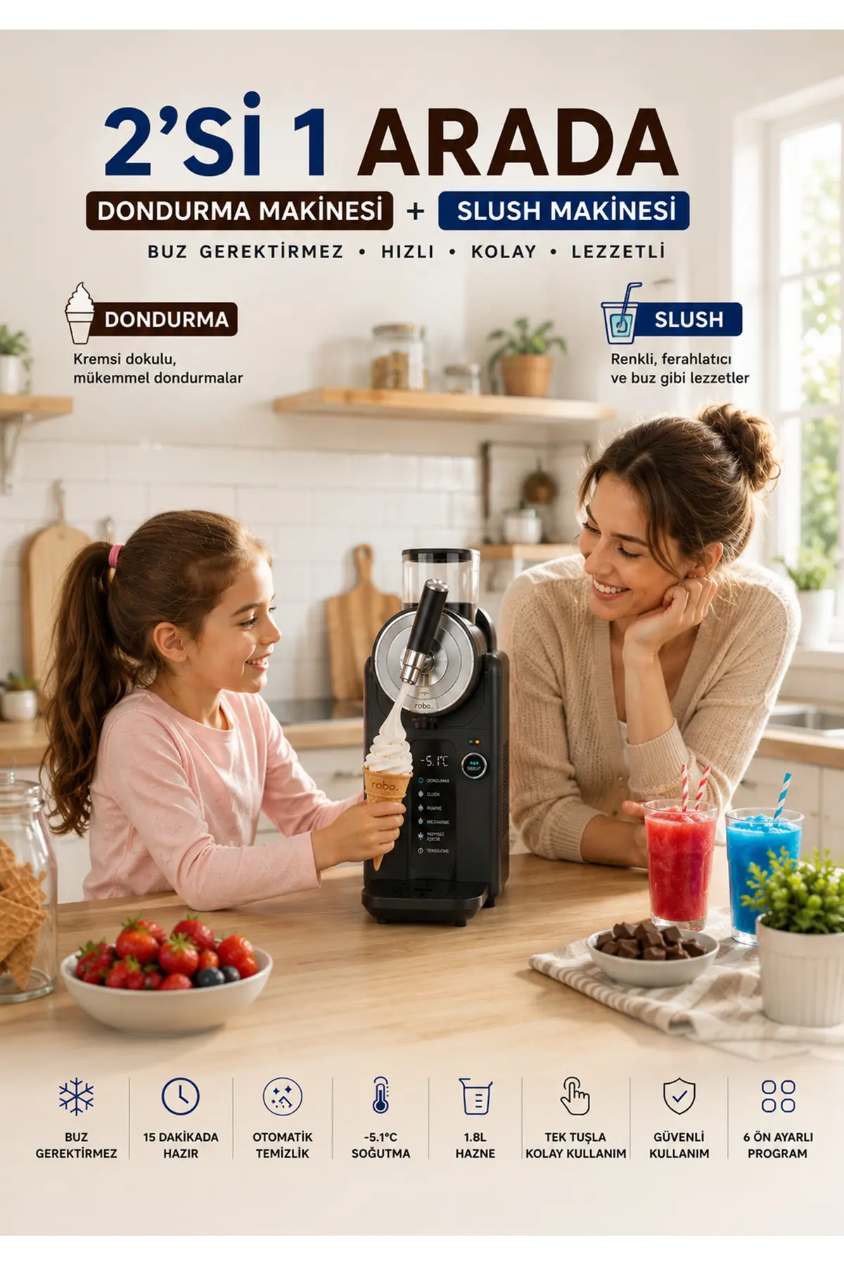 ROBO 2'si Bir arada Dondurma ve Slush (buzlaş) Makinesi Gri