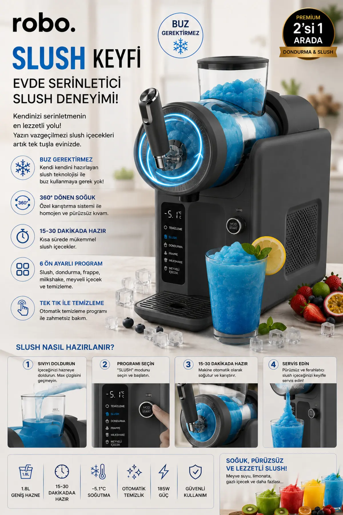 ROBO 2'si Bir arada Dondurma ve Slush (buzlaş) Makinesi Gri