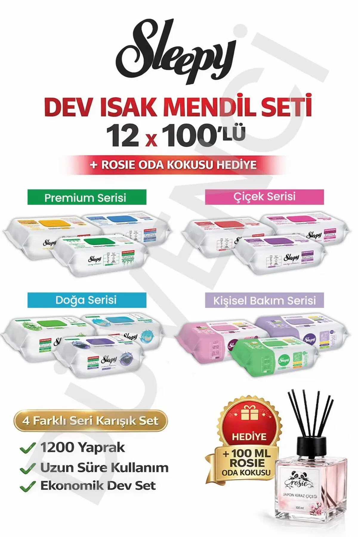 Rosie Sleepy Islak Mendil Mega Fırsat Paketi (12 Paket x 100 yaprak) ve Oda Kokusu