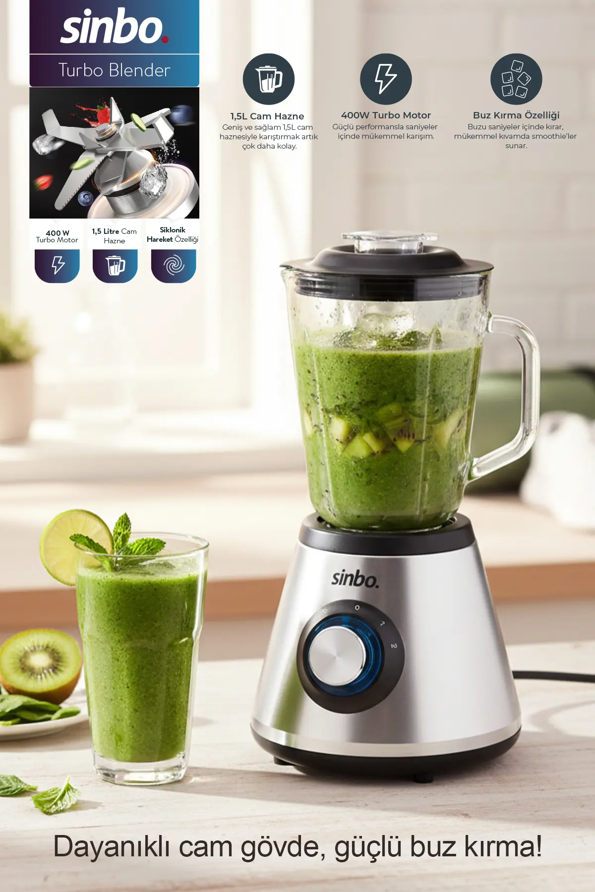Sinbo SHB-7520 Turbo Blender – 400W, 1.5L Cam Hazne, 6 Bıçaklı Buz Kırma & Smoothie