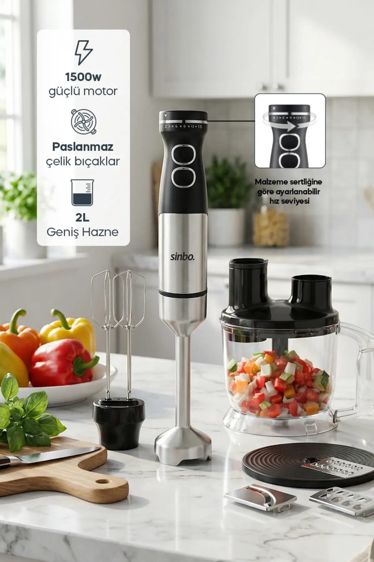 Sinbo SHB-7533 - 1500 W -Çok Fonksiyonlu El Blender Seti | Doğrayıcı, Çırpıcı ve Rende Aparatlı