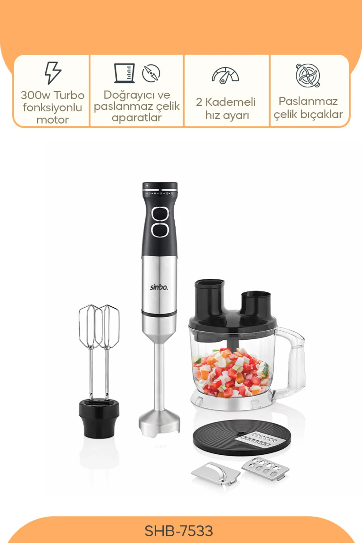Sinbo SHB-7533 - 1500 W -Çok Fonksiyonlu El Blender Seti | Doğrayıcı, Çırpıcı ve Rende Aparatlı