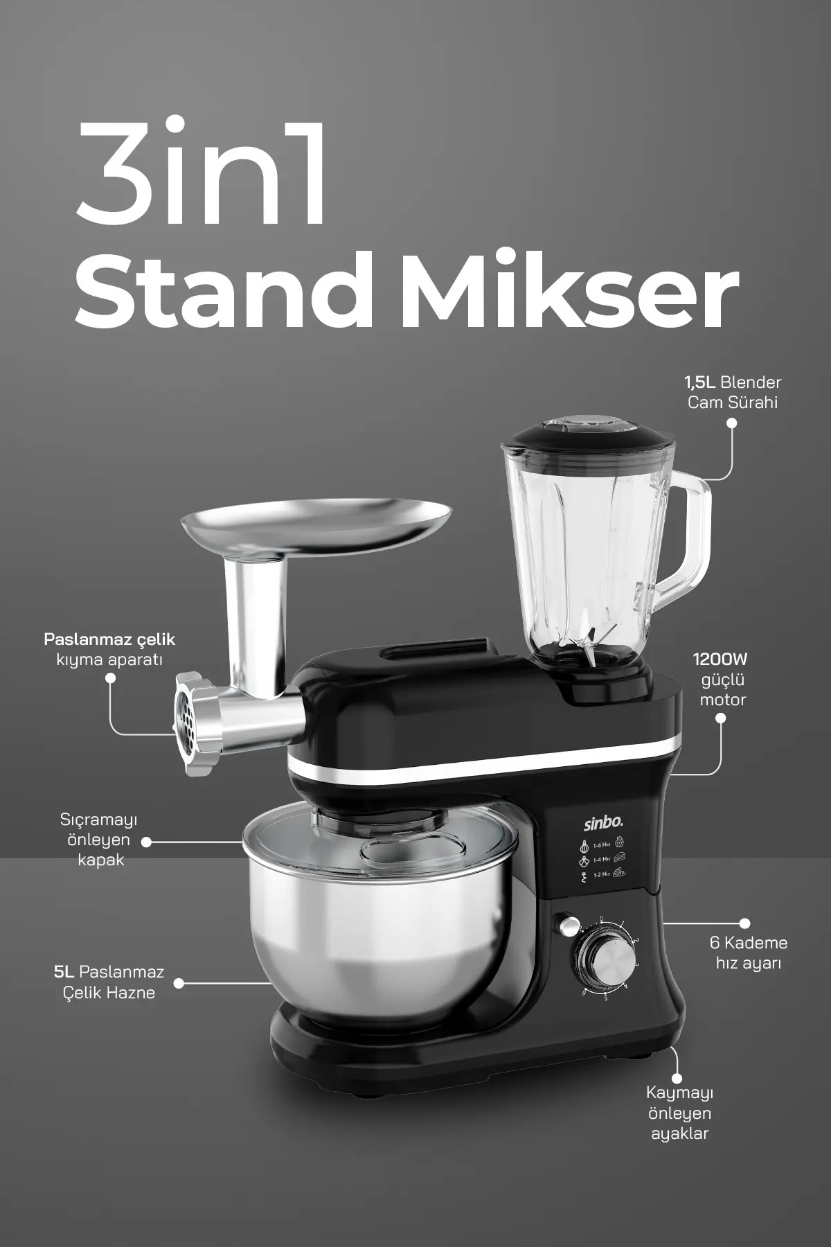 Sinbo SMX-2772 Çok Amaçlı 3ın1 Mutfak Şefi Hamur Yoğurma Kıyma Makinesi Sürahi Blender 1200w