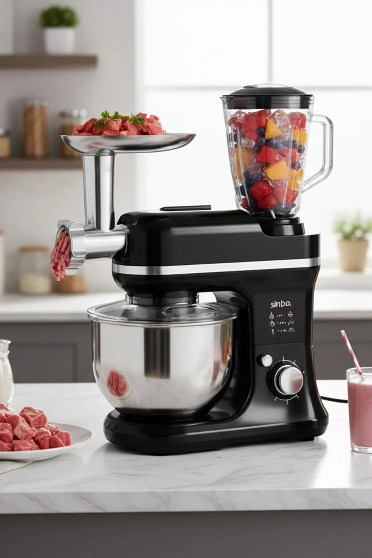 Sinbo SMX-2772 Çok Amaçlı 3ın1 Mutfak Şefi Hamur Yoğurma Kıyma Makinesi Sürahi Blender 1200w