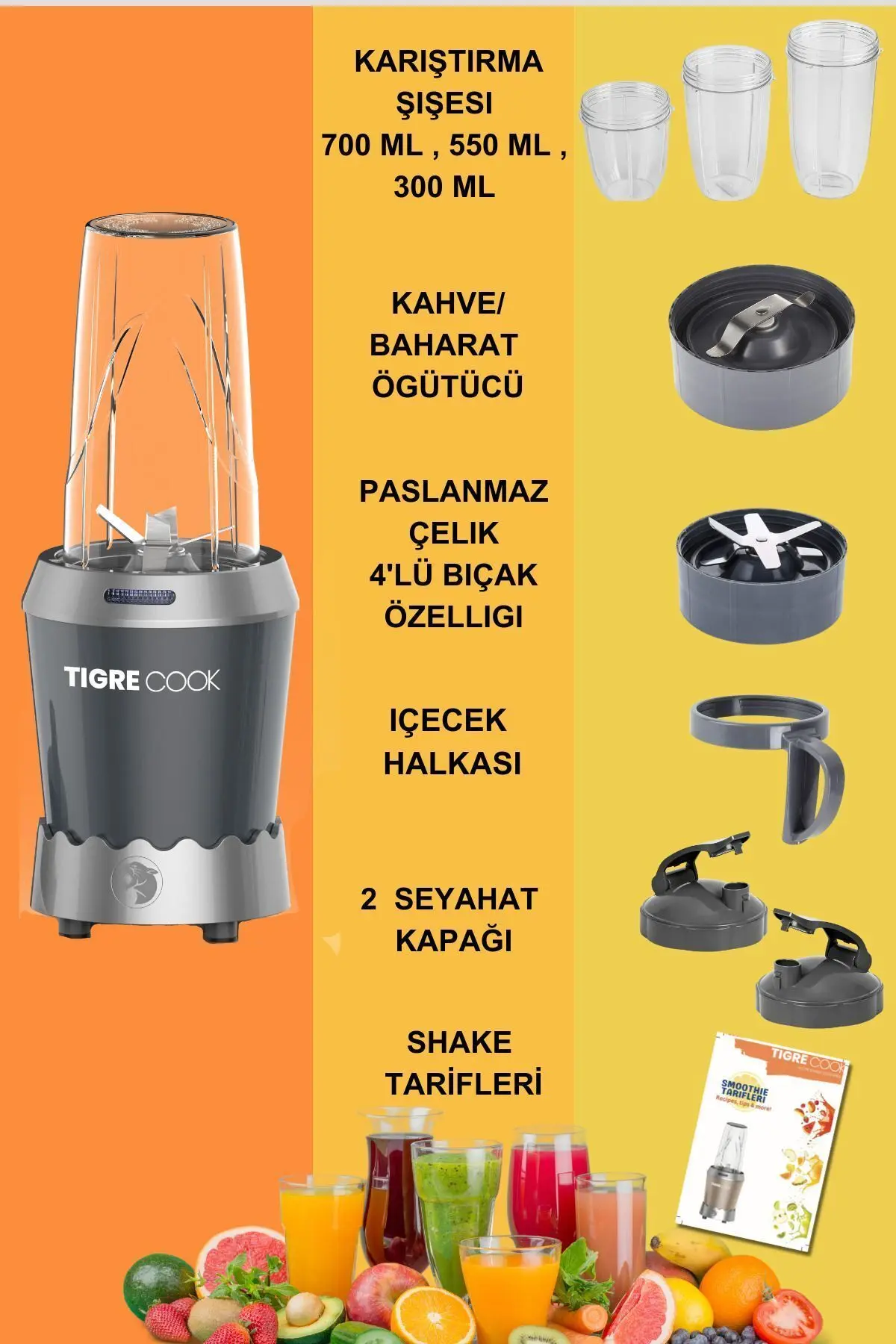 TIGRECOOK NUTRISHAKE 3 in 1 Paslanmaz Çelik Bıçaklı Kişisel Smoothie Blender ve Kahve Baharat Öğütücü 1000 GRi