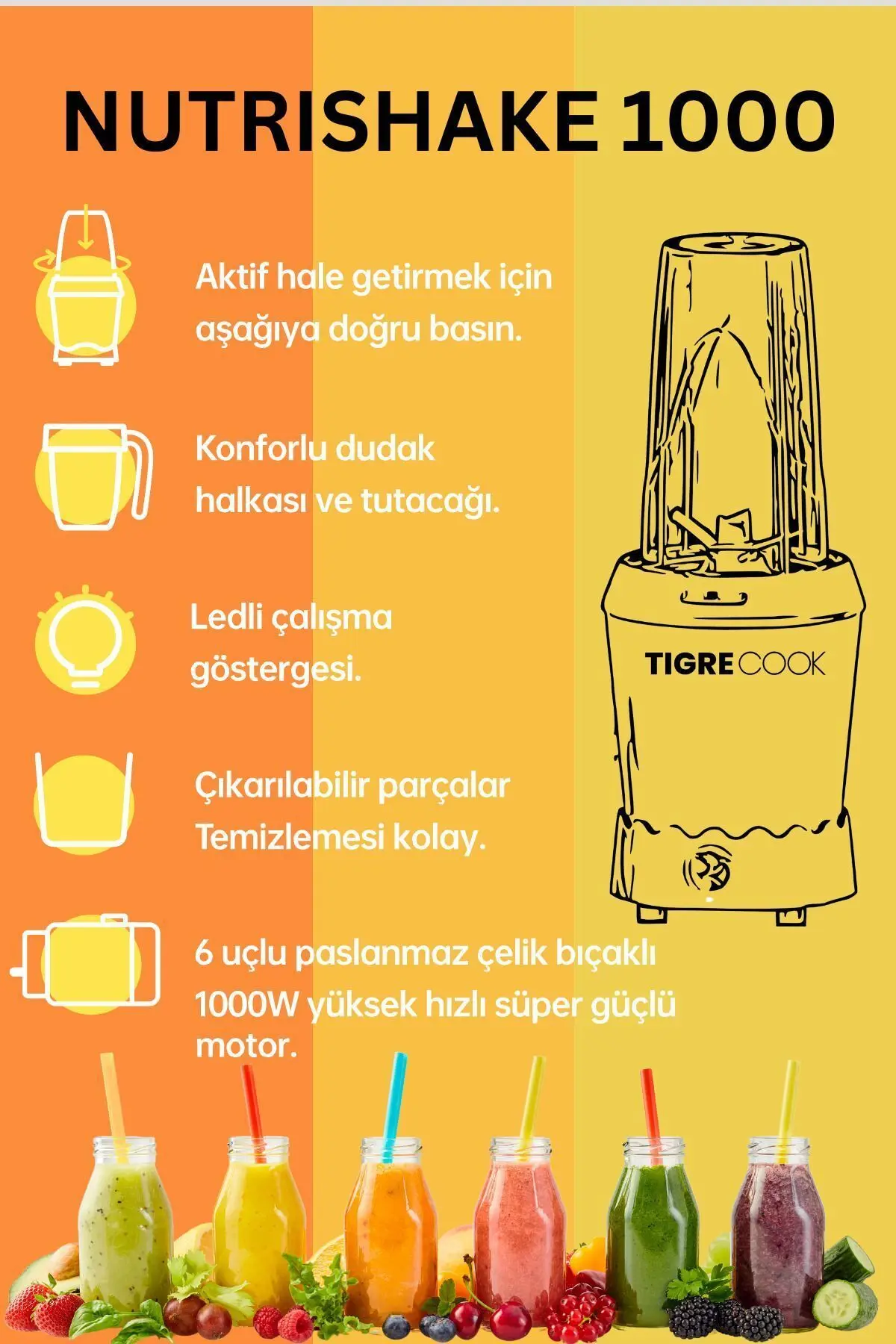 TIGRECOOK NUTRISHAKE 3 in 1 Paslanmaz Çelik Bıçaklı Kişisel Smoothie Blender ve Kahve Baharat Öğütücü 1000 GRi