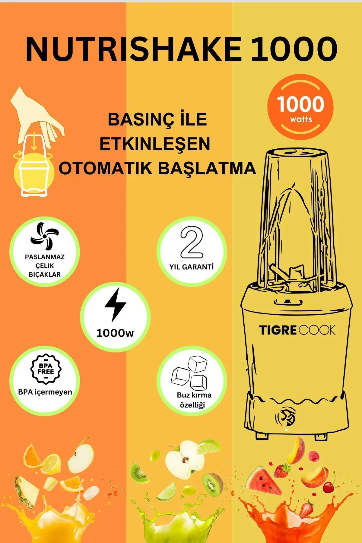 TIGRECOOK NUTRISHAKE 3 in 1 Paslanmaz Çelik Bıçaklı Kişisel Smoothie Blender ve Kahve Baharat Öğütücü 1000 GRi