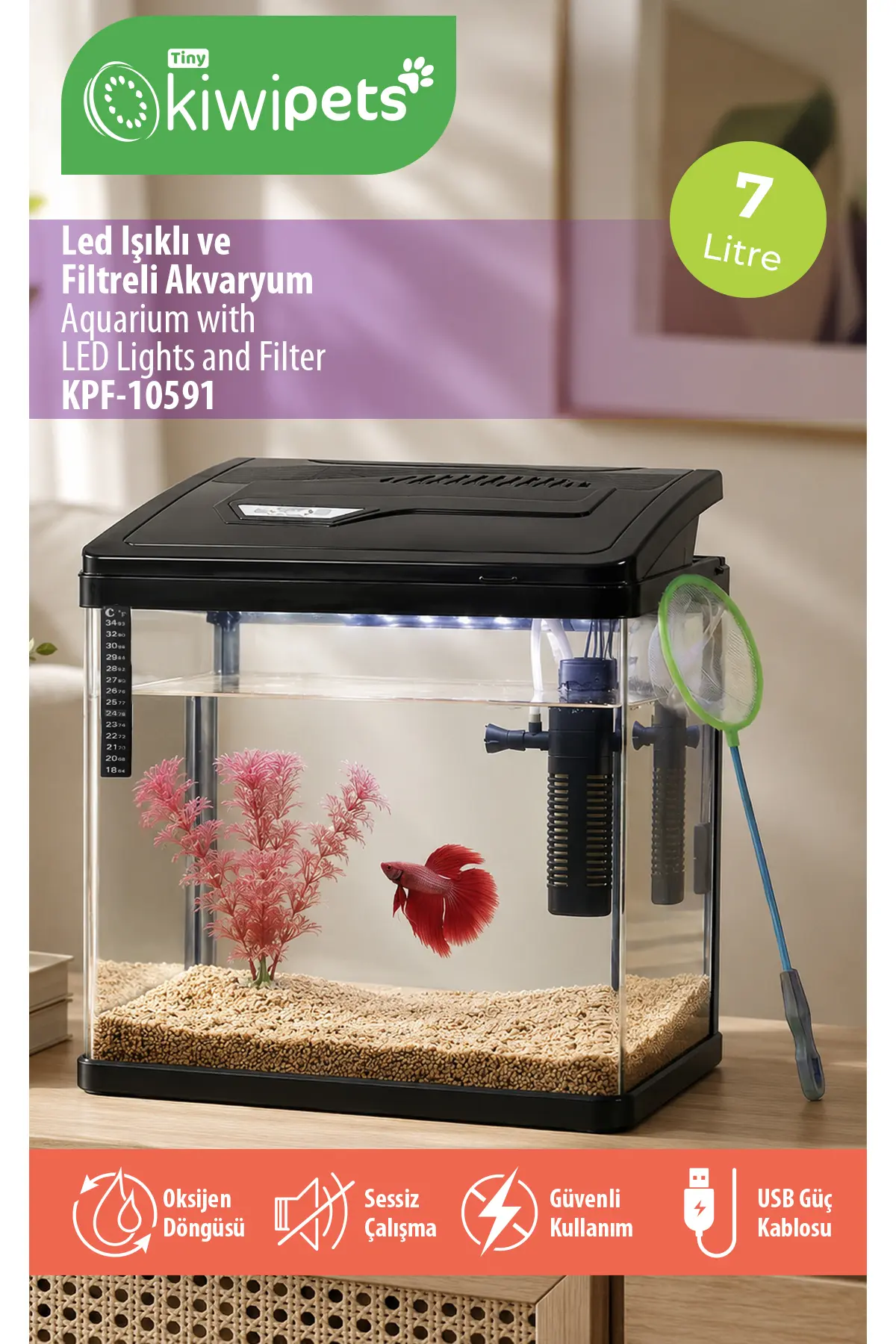 Tiny Kiwipets LED Işıklı Set Akvaryum | Filtreli & USB Aydınlatma & Kompakt Tasarım