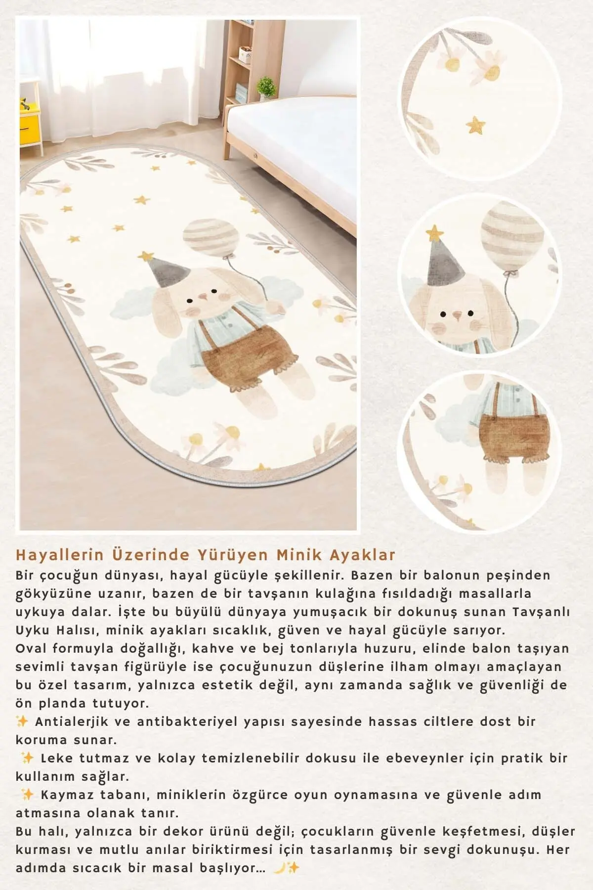 West Home Uyku Halısı Makinede Yıkanabilir Kaymaz Taban Antibakteriyel Bej Çocuk Halısı