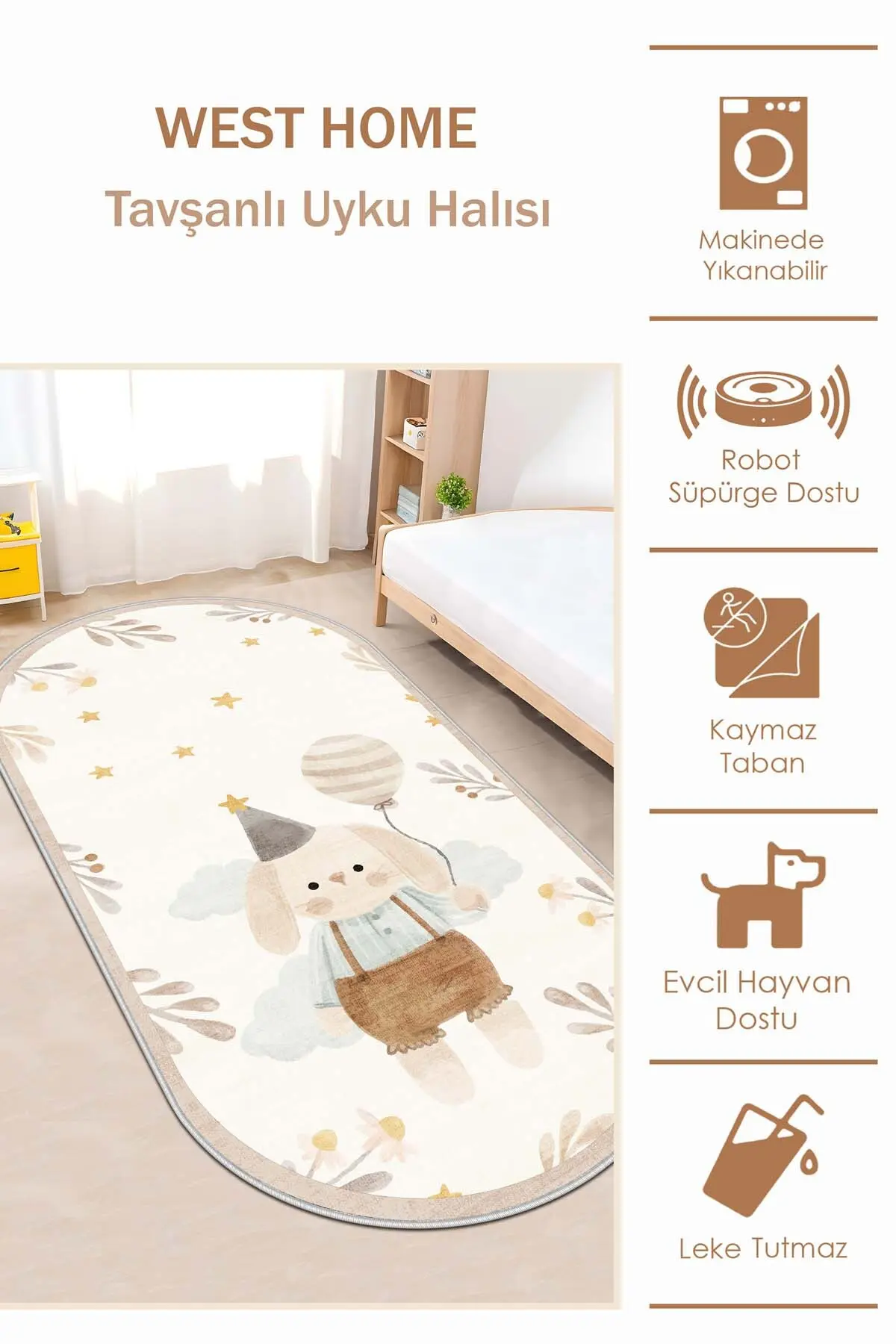 West Home Uyku Halısı Makinede Yıkanabilir Kaymaz Taban Antibakteriyel Bej Çocuk Halısı