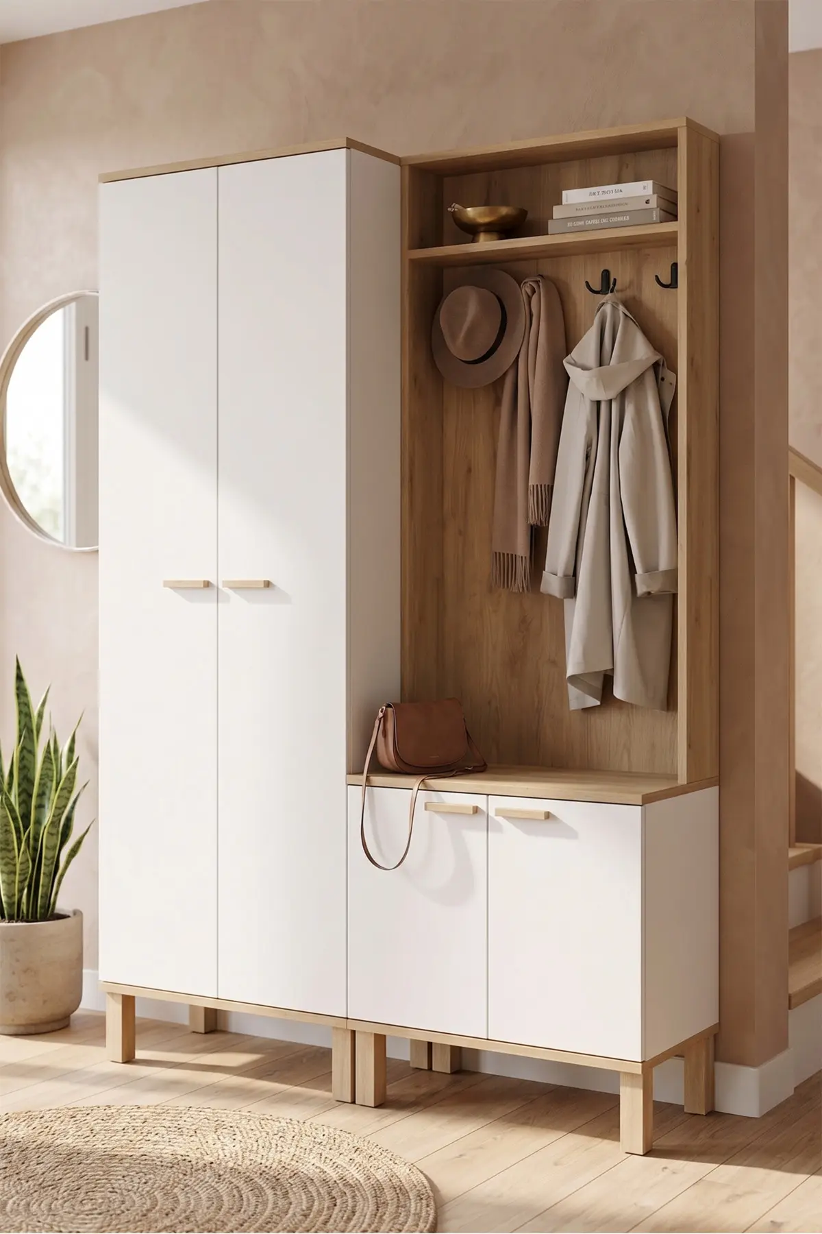 Yurudesign Yoda 4 Kapaklı Raflı Portmanto Vestiyer Ayakkabılık Ahşap Ayaklı 2 Modül 184cm YD10-SW