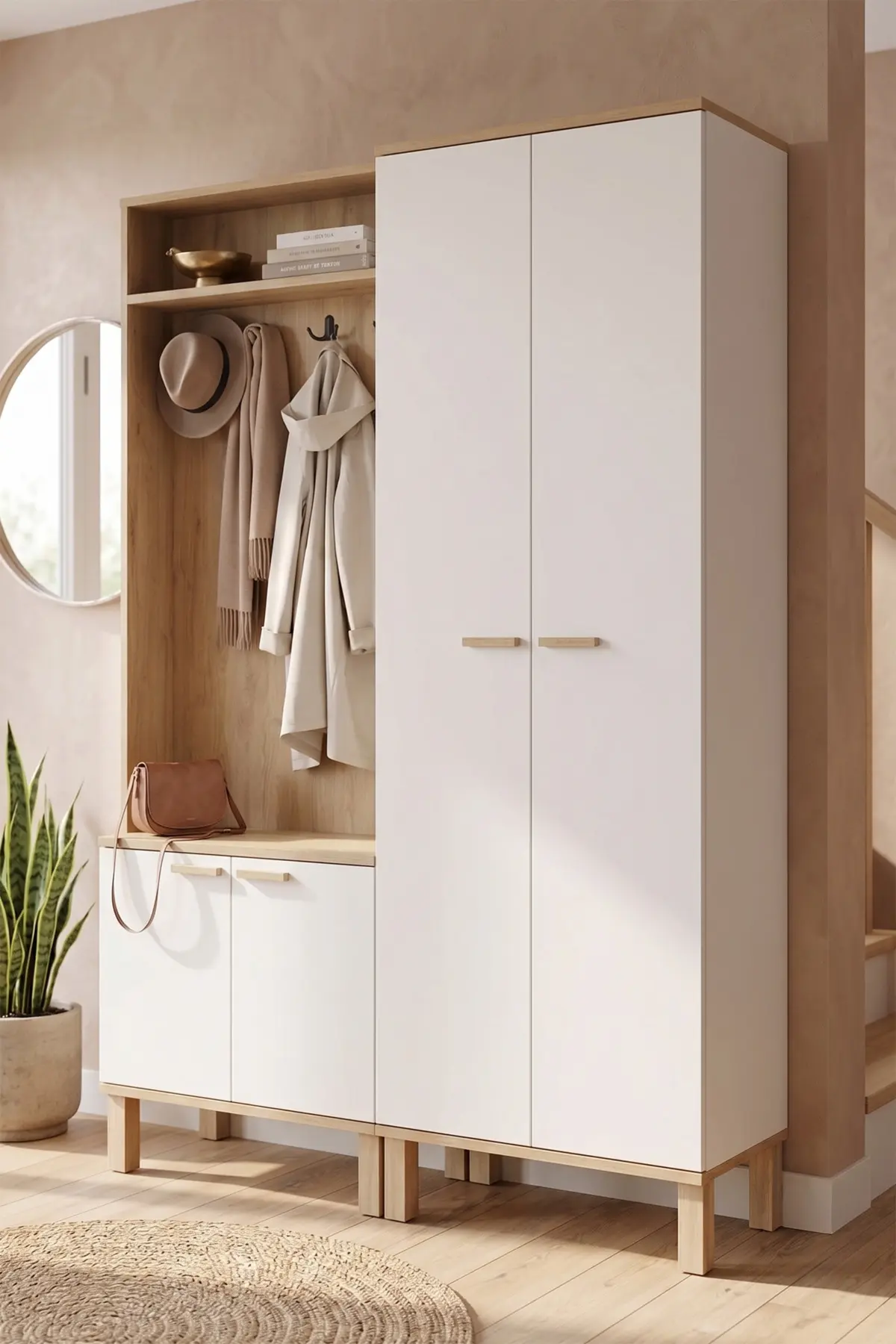 Yurudesign Yoda 4 Kapaklı Raflı Portmanto Vestiyer Ayakkabılık Ahşap Ayaklı 2 Modül 184cm YD10-SW