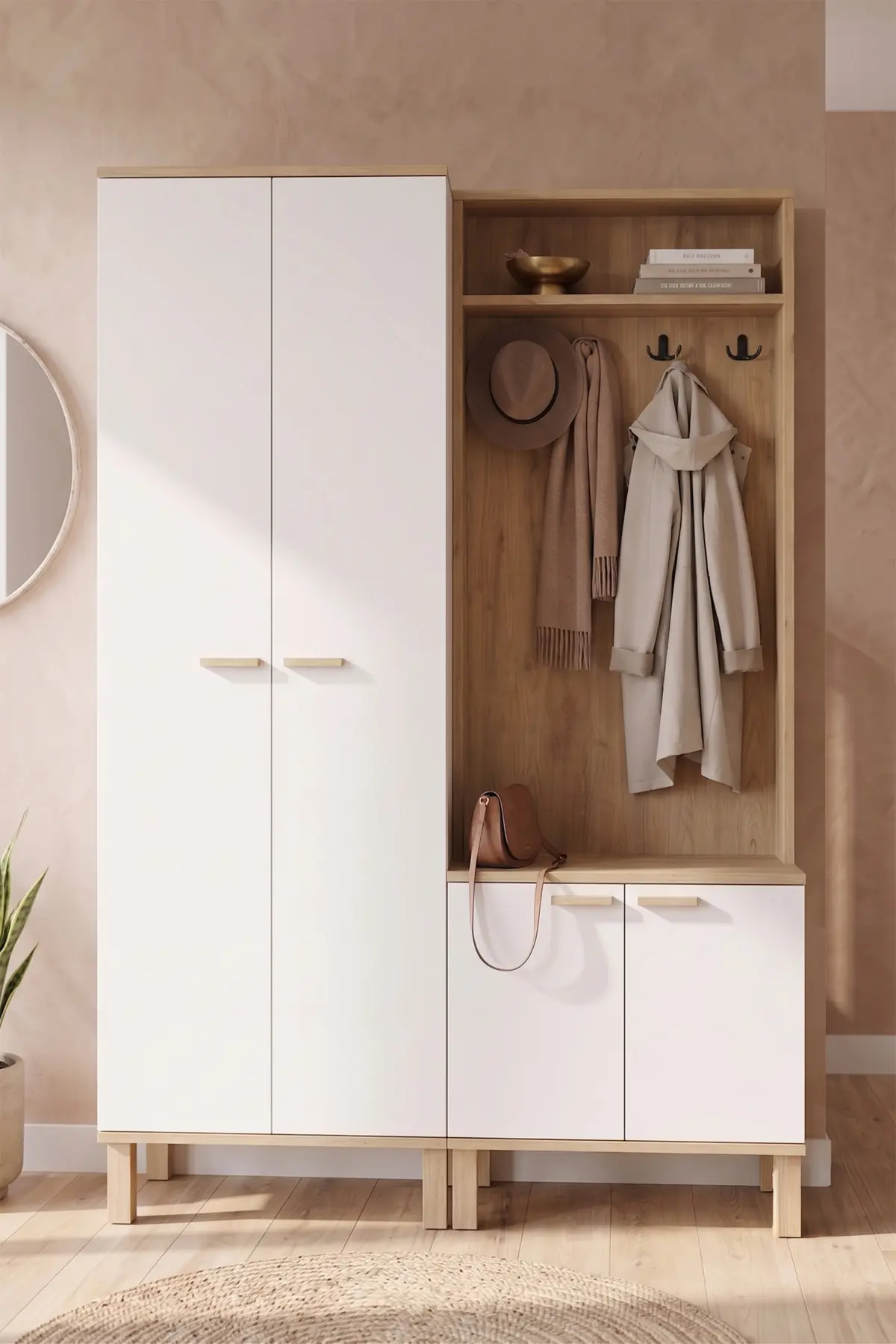 Yurudesign Yoda 4 Kapaklı Raflı Portmanto Vestiyer Ayakkabılık Ahşap Ayaklı 2 Modül 184cm YD10-SW
