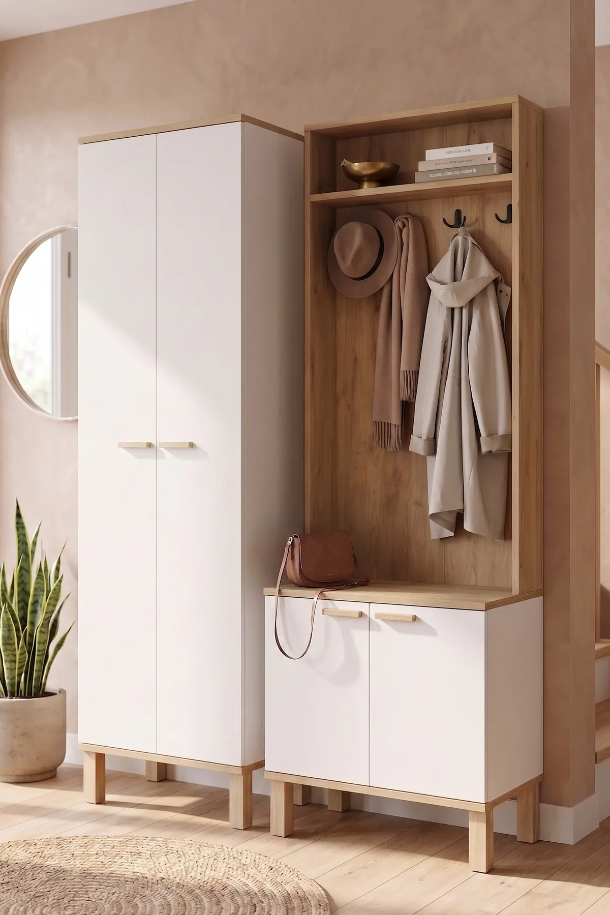 Yurudesign Yoda 4 Kapaklı Raflı Portmanto Vestiyer Ayakkabılık Ahşap Ayaklı 2 Modül 184cm YD10-SW