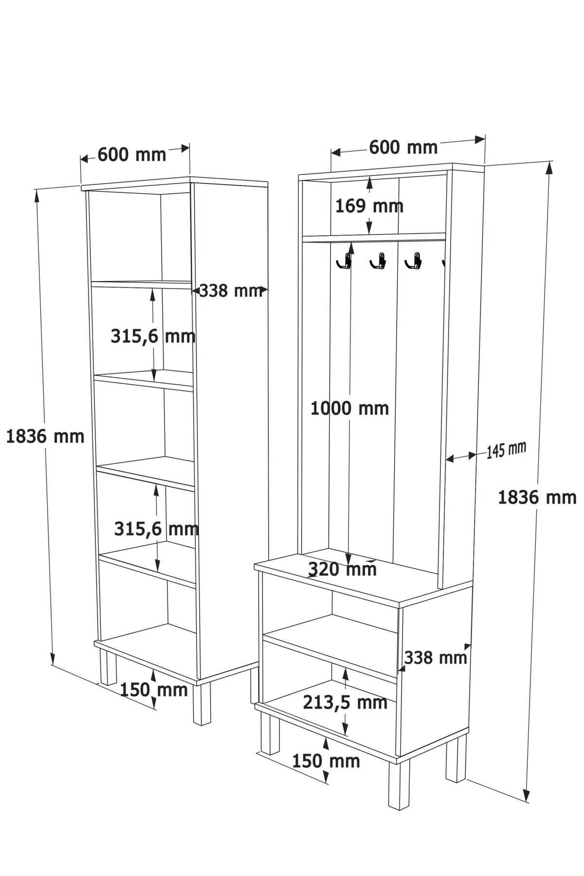 Yurudesign Yoda 4 Kapaklı Raflı Portmanto Vestiyer Ayakkabılık Ahşap Ayaklı 2 Modül 184cm YD10-SW
