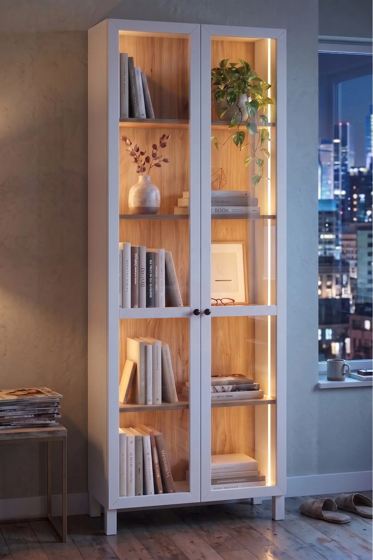 Yurudesign Yoda Temperli Cam Kapaklı Neon Led Işıklı Vitrin Büfe Kitaplık Ahşap Ayaklı 5 Raflı Sepet-Beyaz 183cm YD6-SW