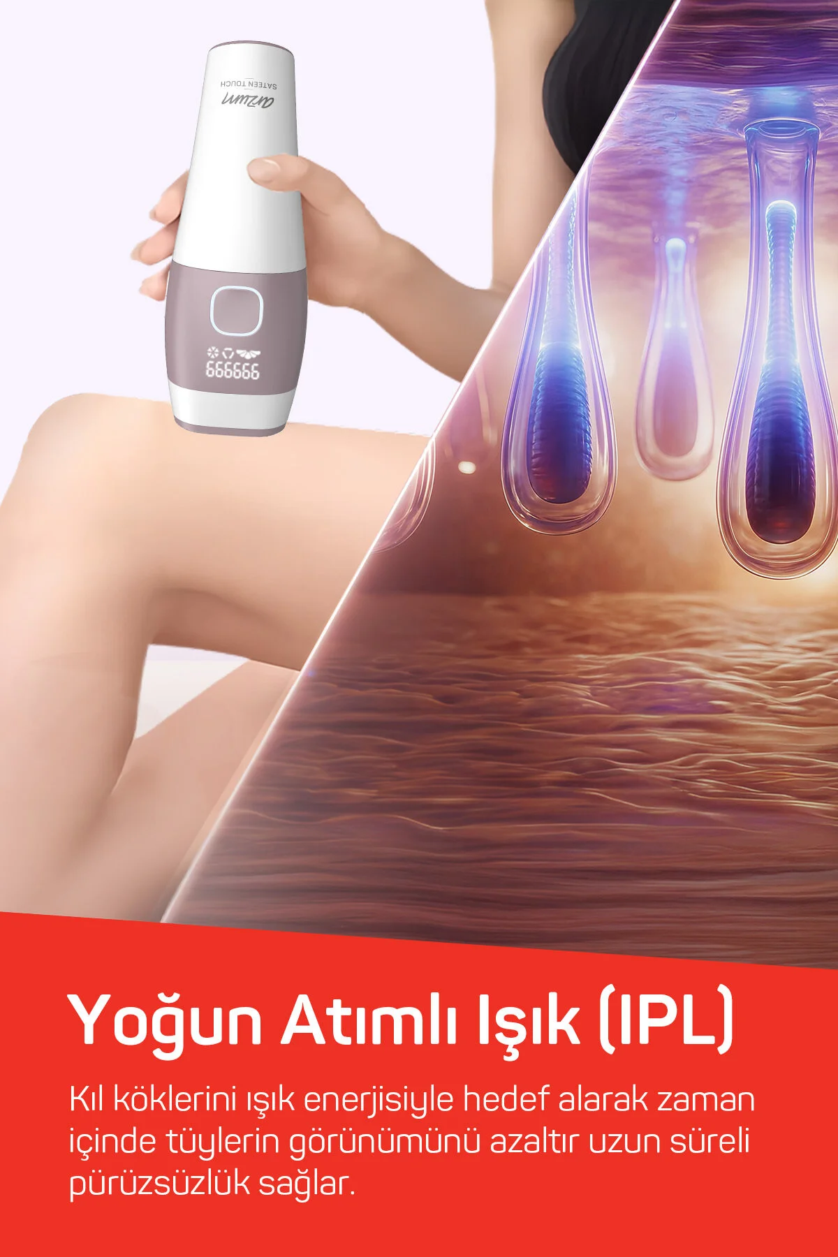 Arzum AR5176 SateenTouch IPL Lazer Epilasyon, 999.999 Atım,Evde Tüy Alma,Soğutmalı, 5 Kademe, Otomatik Mod