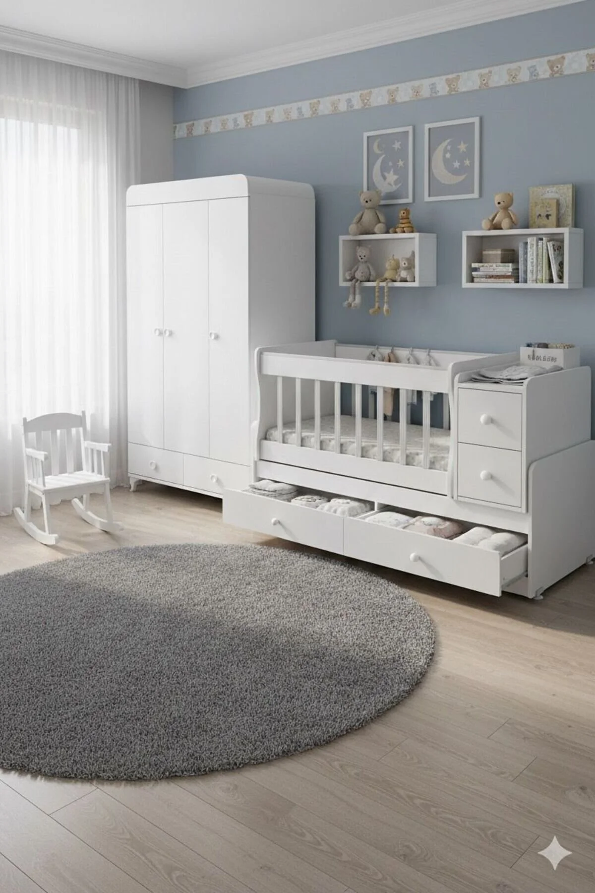 BANANA BABY MİNİBOO BEBEK ODASI ÜÇ KAPAKLI DOLAP VE BÜYÜYEN BEŞİK