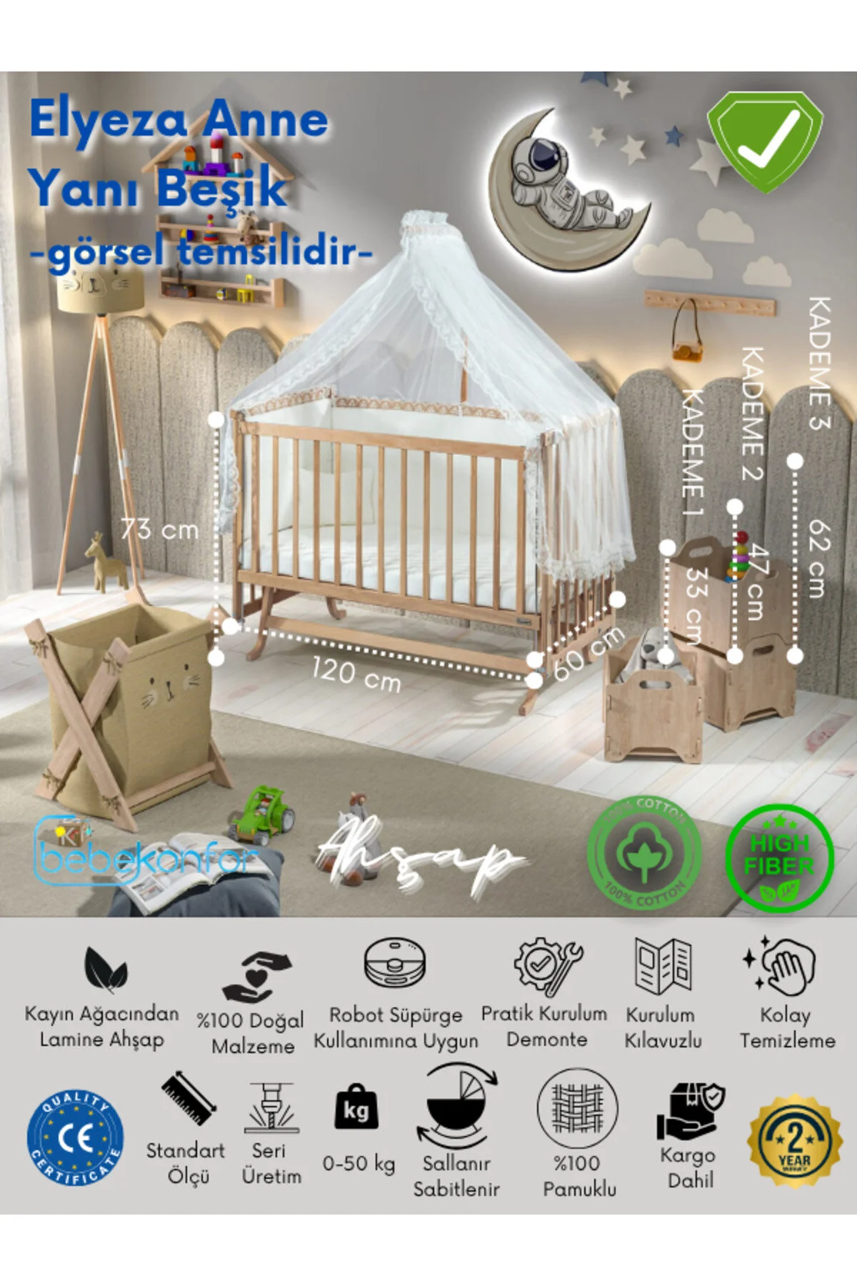 BebeK on For Elyeza Beşik Anne Yanı Kahve Krem Örgü set ile | %100 Kayın Ahşap | 0-5 yaş