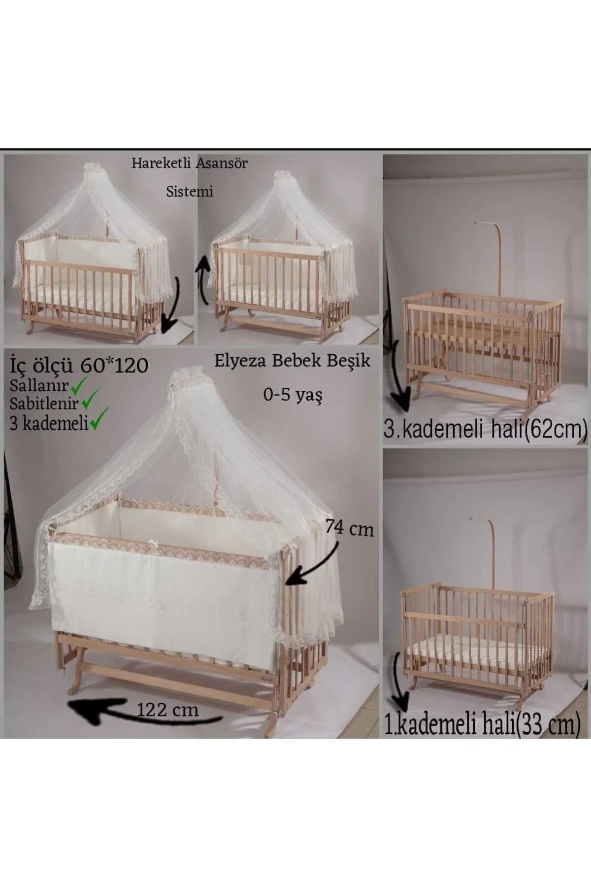 BebeK on For Elyeza Beşik Anne Yanı Kahve Krem Örgü set ile | %100 Kayın Ahşap | 0-5 yaş