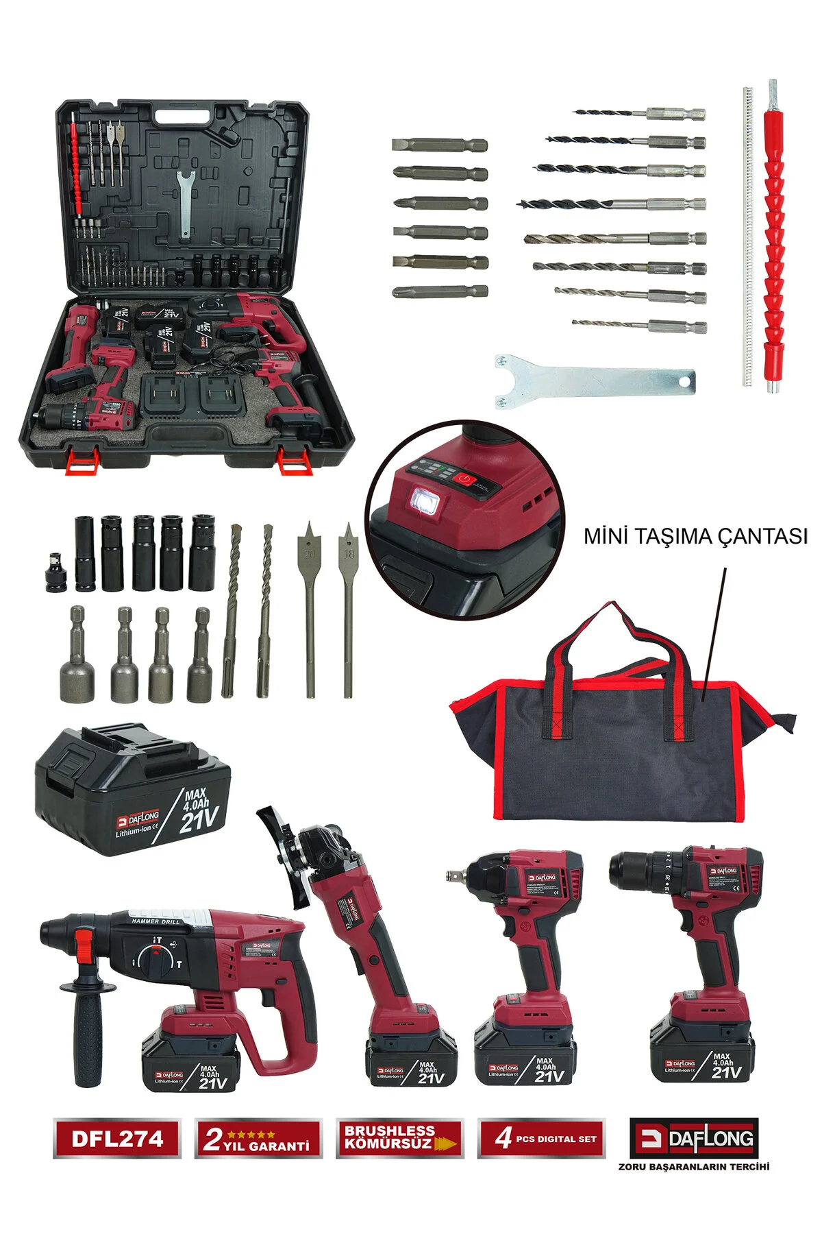 Daflong PRO DİJİTAL EKRANLI 4'LÜ DİJİTAL SET 700NM DİJİTAL TORK+DİJİTAL SPİRAL+DİJİTAL MATKAP+D.HİLTİ DFL274