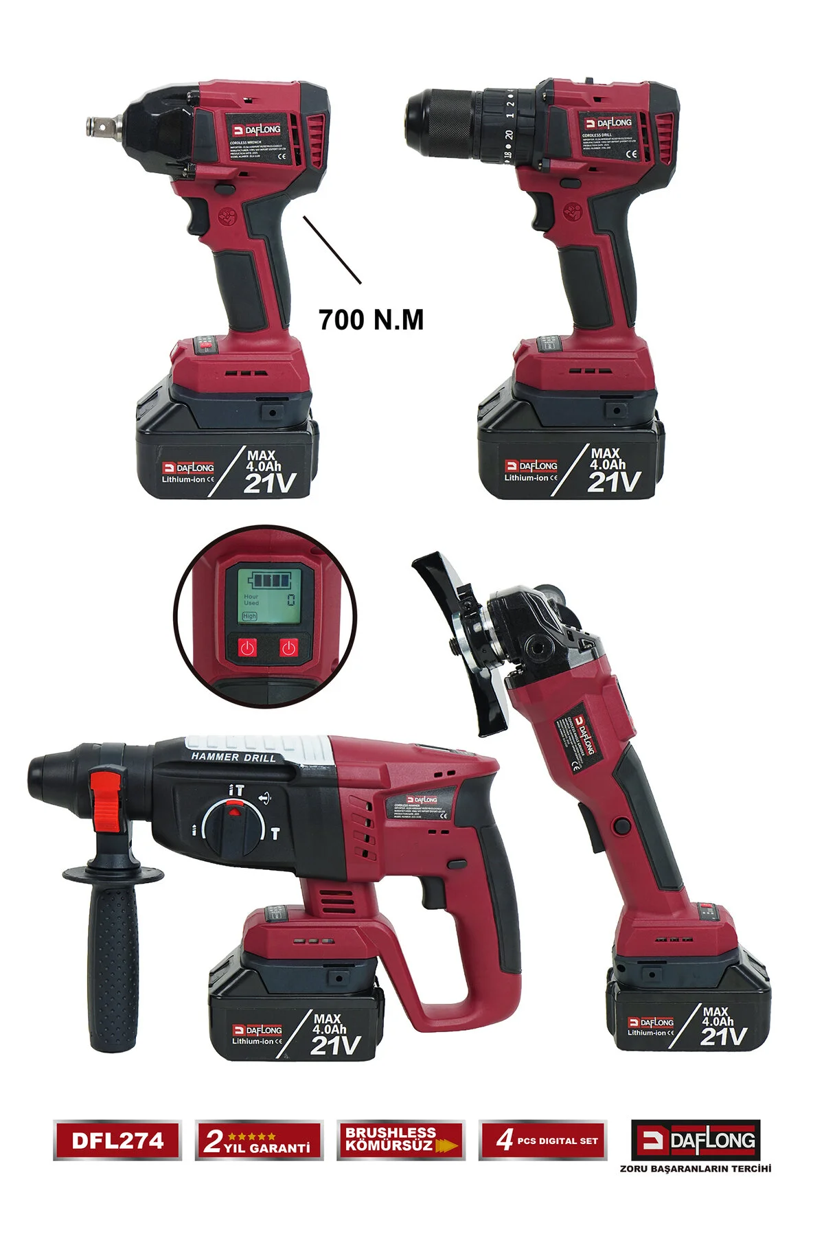 Daflong PRO DİJİTAL EKRANLI 4'LÜ DİJİTAL SET 700NM DİJİTAL TORK+DİJİTAL SPİRAL+DİJİTAL MATKAP+D.HİLTİ DFL274