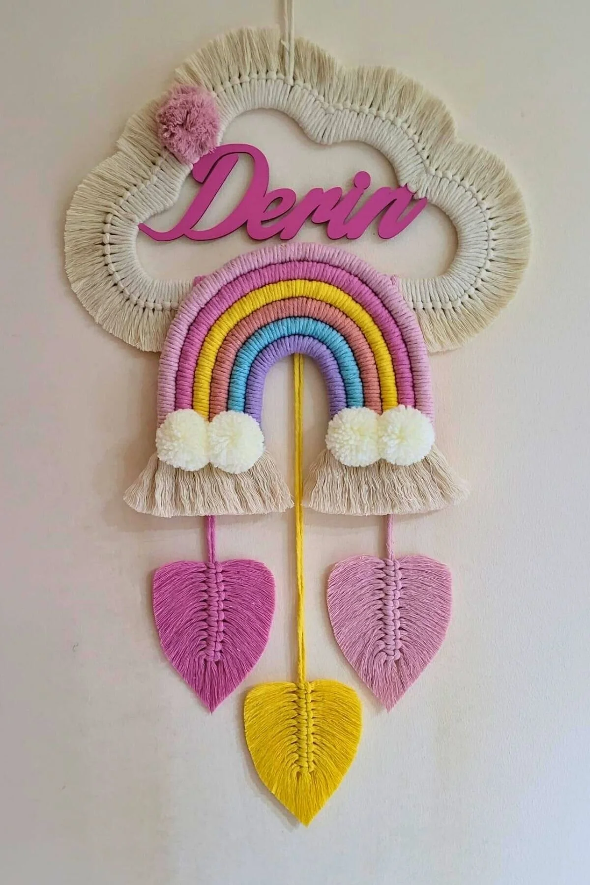 Doa Fil Store Makrome İsme Özel Bulut Gökkuşağı El Yapımı Bebek Kapı Bebek Odası Bebek Duvar Süsü (35X75)