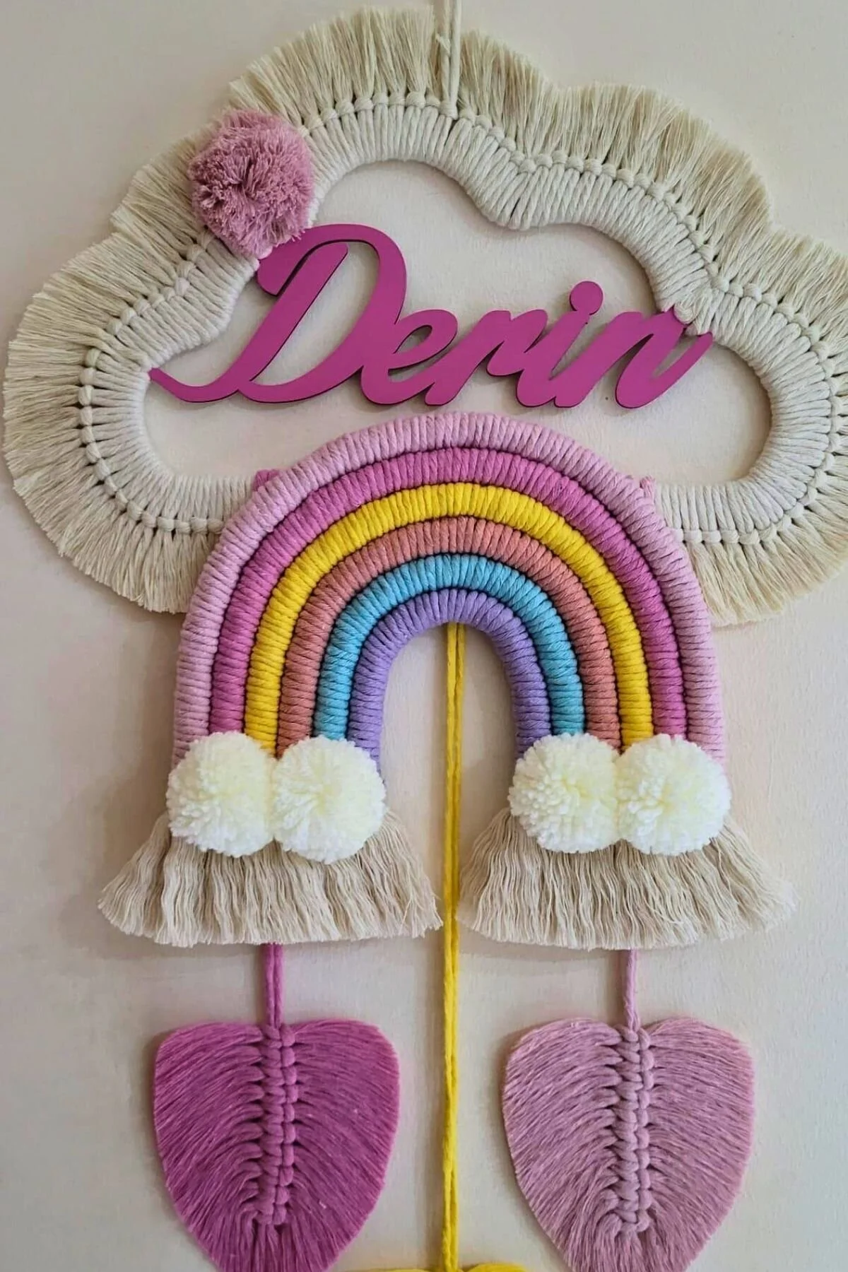 Doa Fil Store Makrome İsme Özel Bulut Gökkuşağı El Yapımı Bebek Kapı Bebek Odası Bebek Duvar Süsü (35X75)