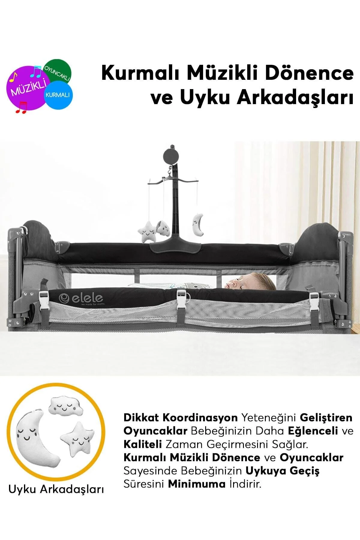 Elele Madre Anne Yanı Park Yatak Oyun Parkı 70x110 Cm Gri-siyah