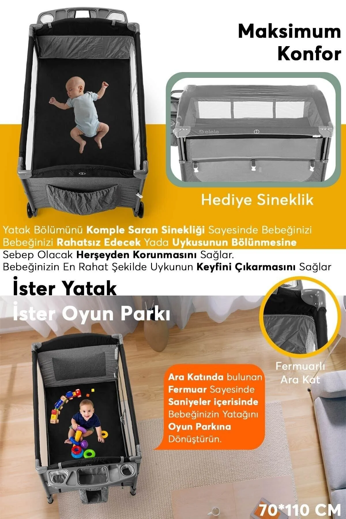 Elele Madre Anne Yanı Park Yatak Oyun Parkı 70x110 Cm Gri-siyah