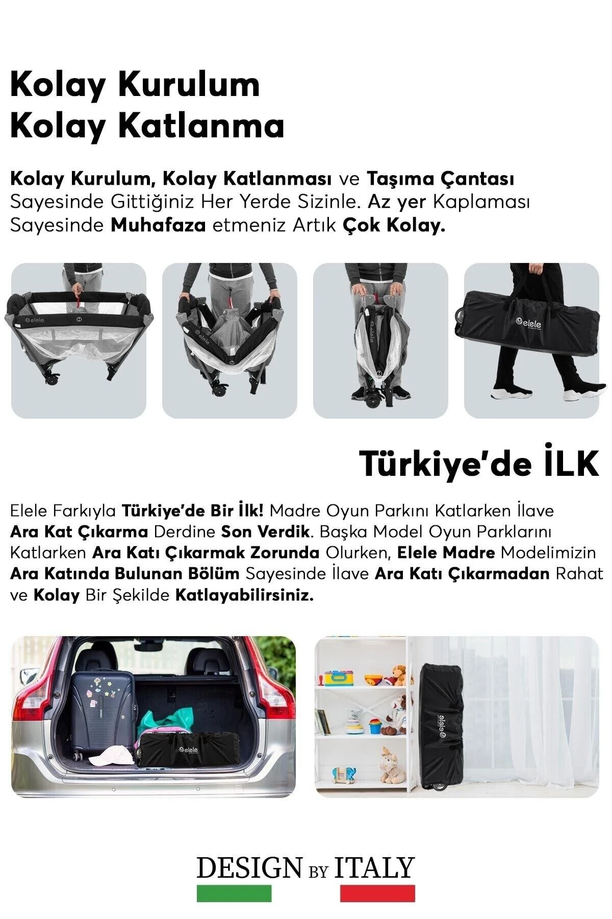Elele Madre Anne Yanı Park Yatak Oyun Parkı 70x110 Cm Gri-siyah