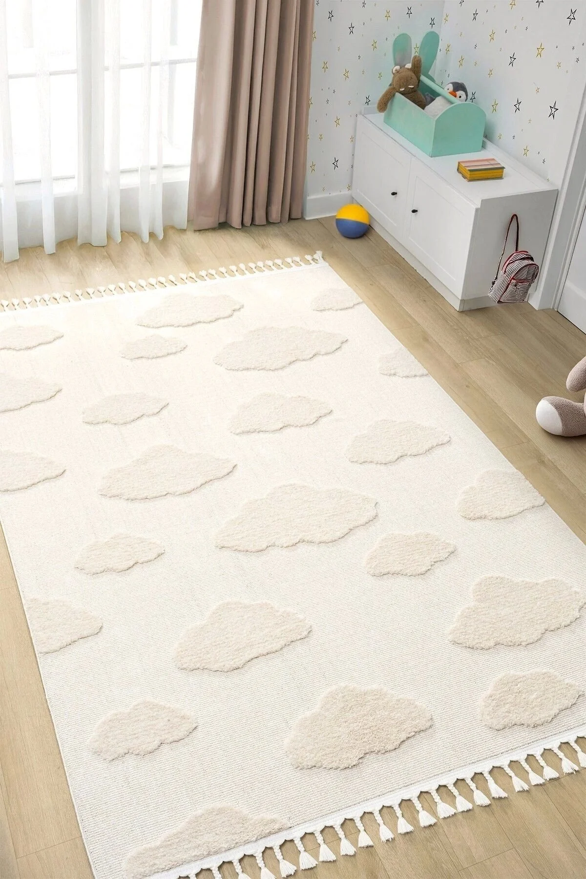 Eliz Home Bulut Desenli Krem Renk Dokuma Halı Bebek Odası Çocuk Odası Halısı 1