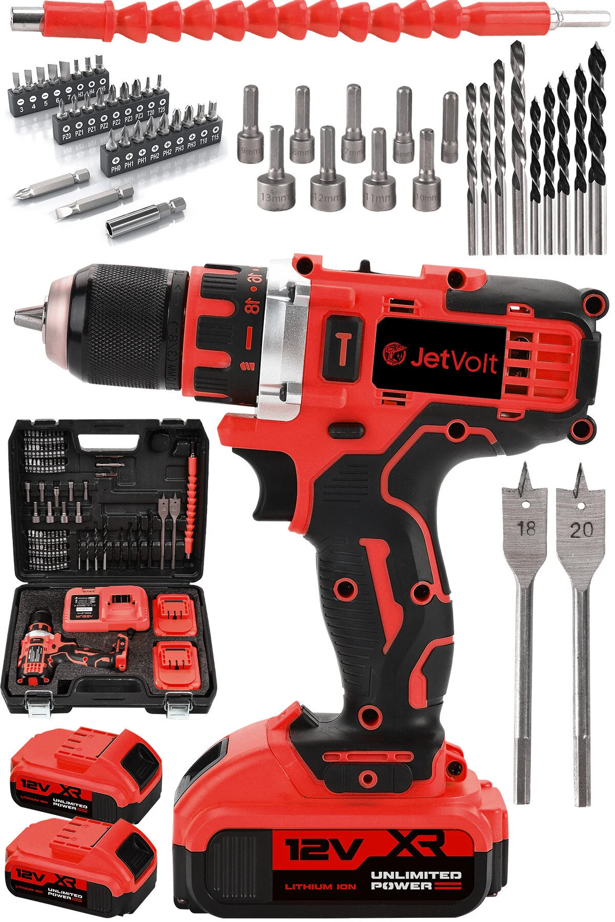 Empressco 12v 2.0ah Şarjlı Matkap Metal Şanzıman Bakır Sargılı Çift Akülü 84 Parça Set - Kırmızı