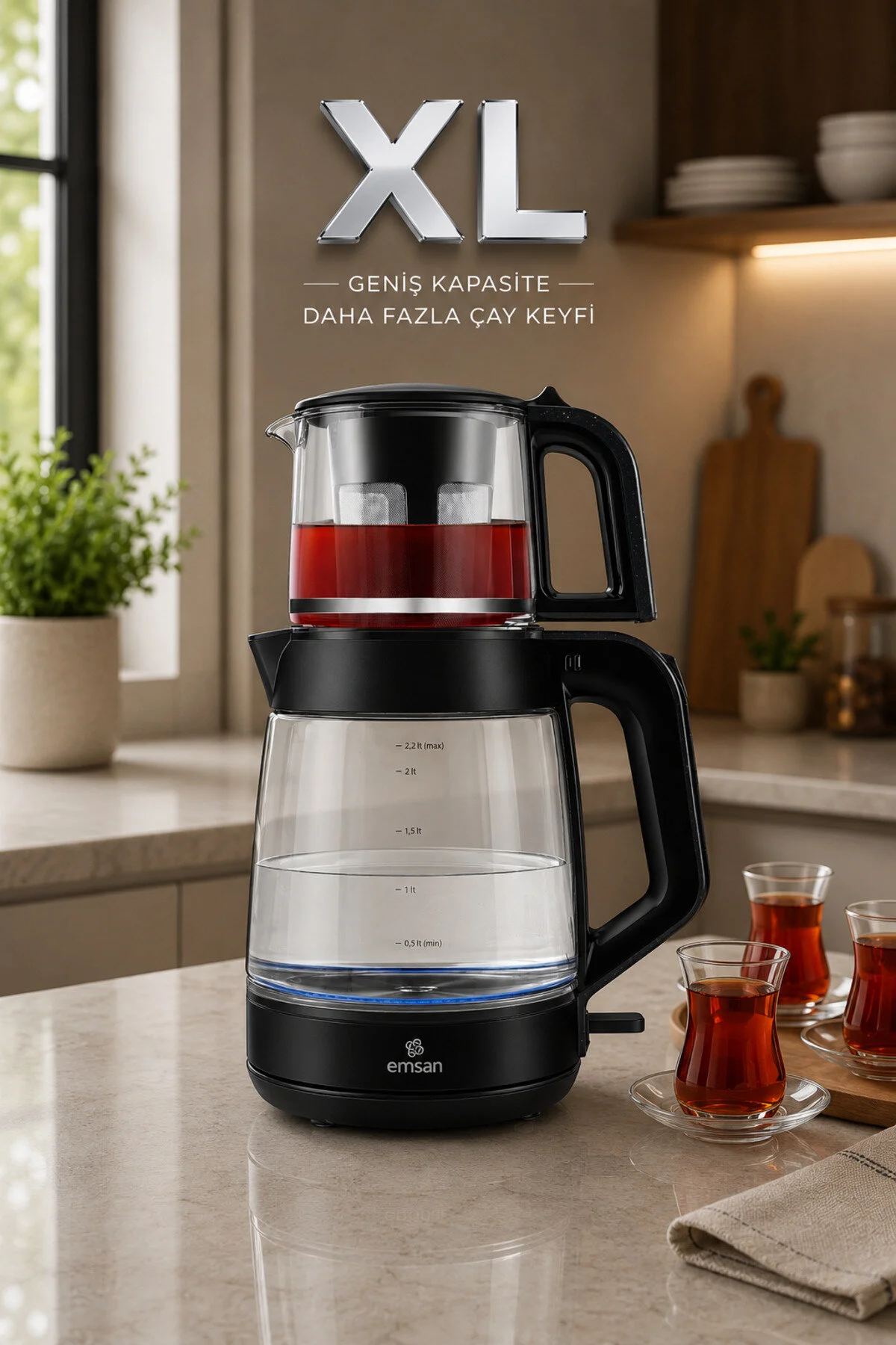 Emsan Glass Tea XL 2 in 1 Cam Çay Makinesi ve Kettle Shiny Black