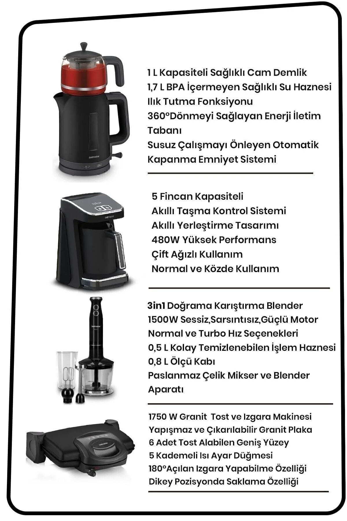 GoldMaster Blackline 18 Parça Avantajlı Elektronik Evlilik Paketi Elektrikli Mutfak Çeyiz Seti